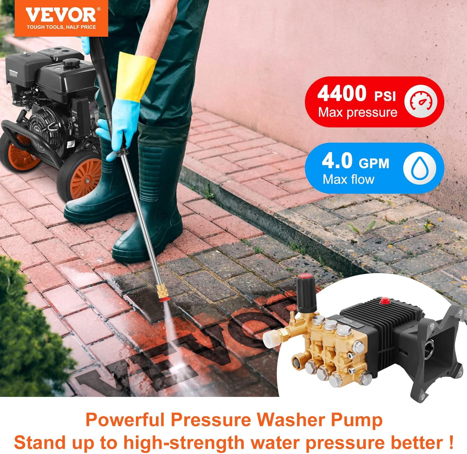 Pressure Washer Pump, 4400 PSI, 4.0 GPM, 1″ Shaft Horizontal Triplex Plunger, Re