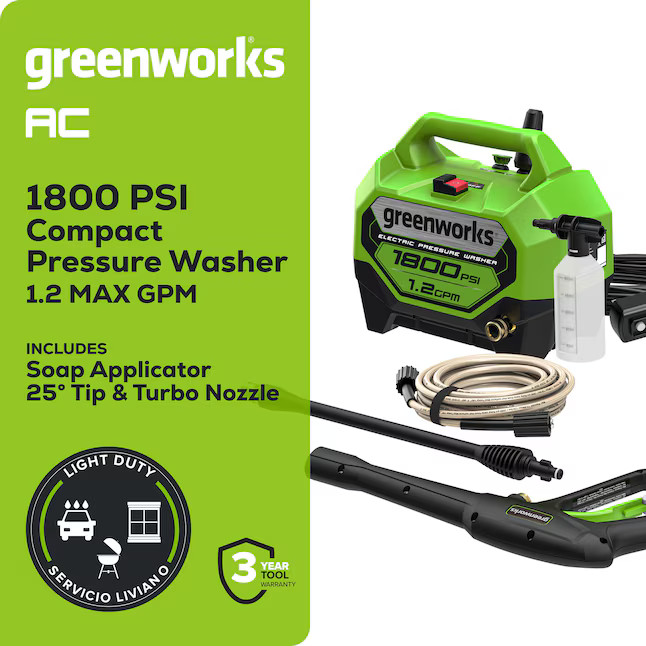 Greenworks 1800-PSI 1.2-GPM Cold Water Electric Pressure washer with 2 Spray Tip
