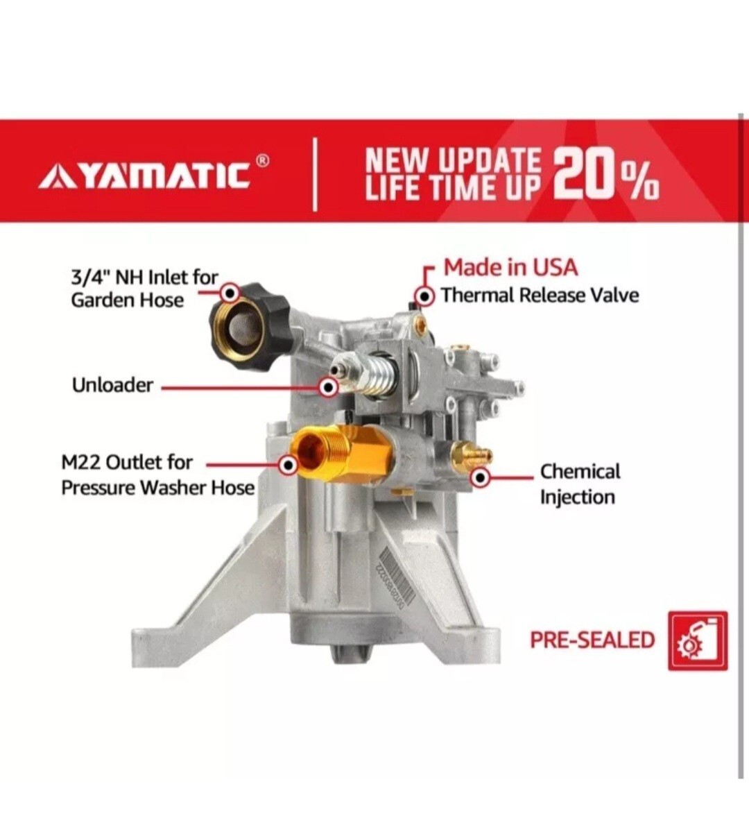 YAMATIC Pressure Washer Replacement Pump 7/8″Shaft Vertical 2500 PSI 2.0 GPM New