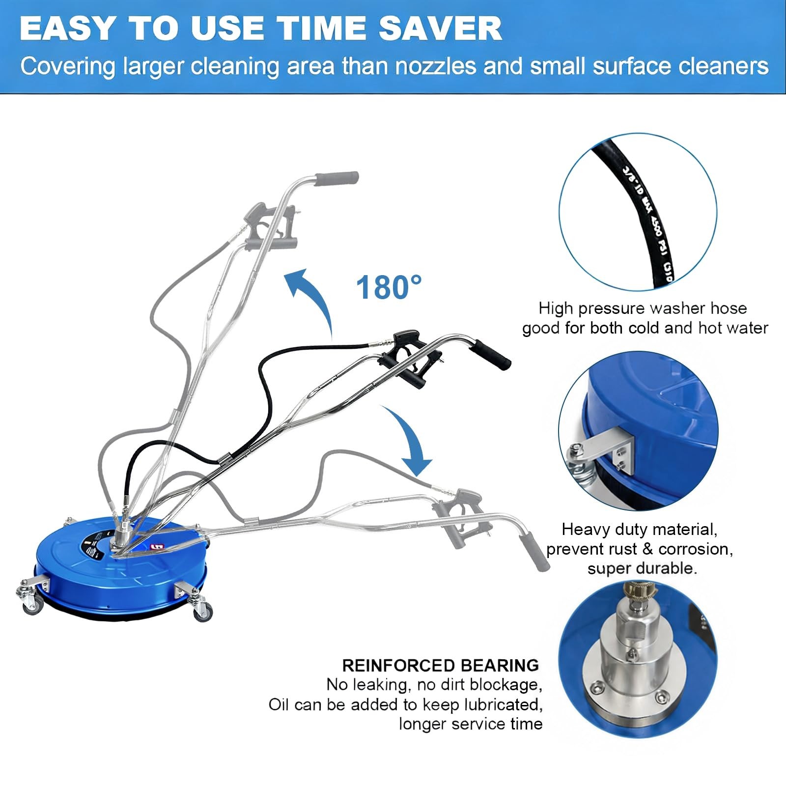 24″ Pressure Washer Surface Cleaner 4900PSI w/ Handles & Wheels Stainless Steel