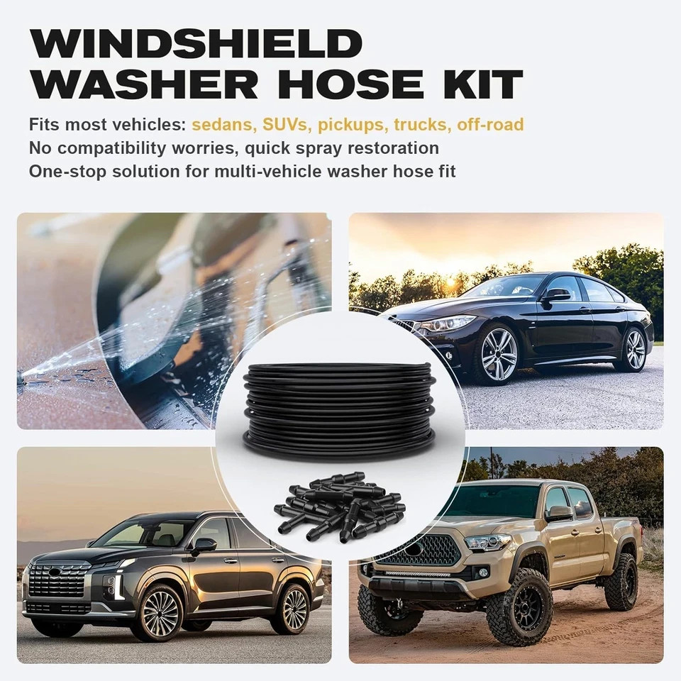 Windshield Washer Hose Kit, 4M Flexible Durable Rubber Washer Fluid Tubing & 30