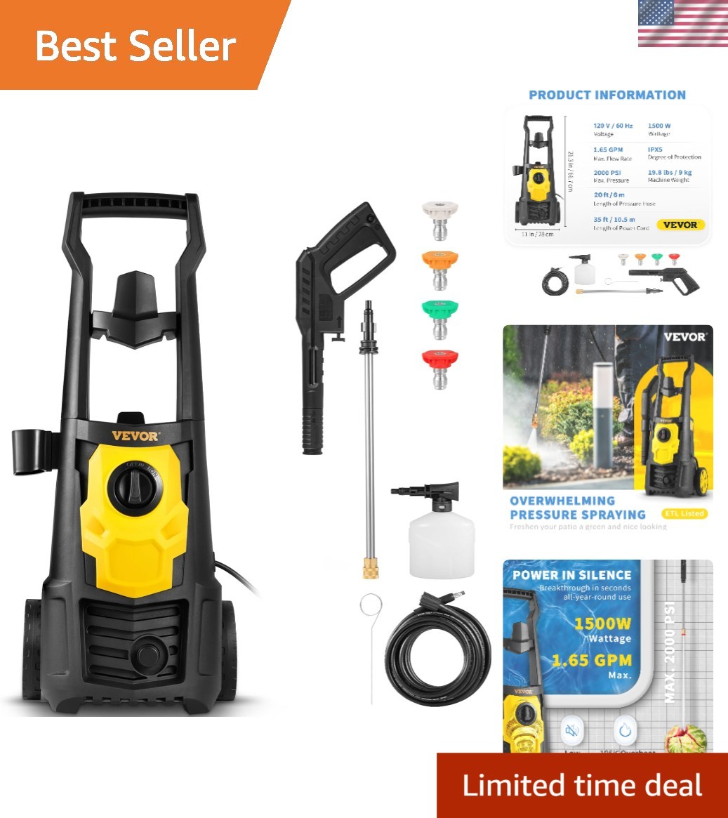 2000 PSI Electric Power Washer – 1.65 GPM, Portable with Foam Cannon & 5 Nozzles