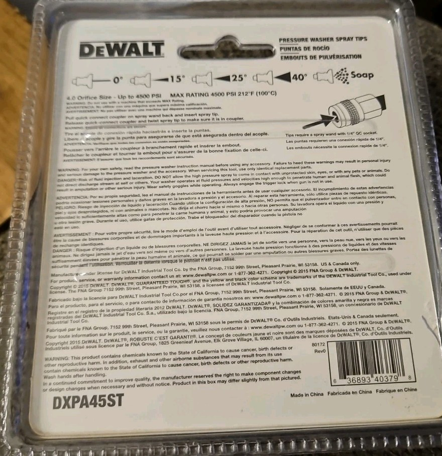 4 PC DeWALT DXPA45ST 4500 PSI Quick Connect Open Box No Green Tip. 4 Tips New