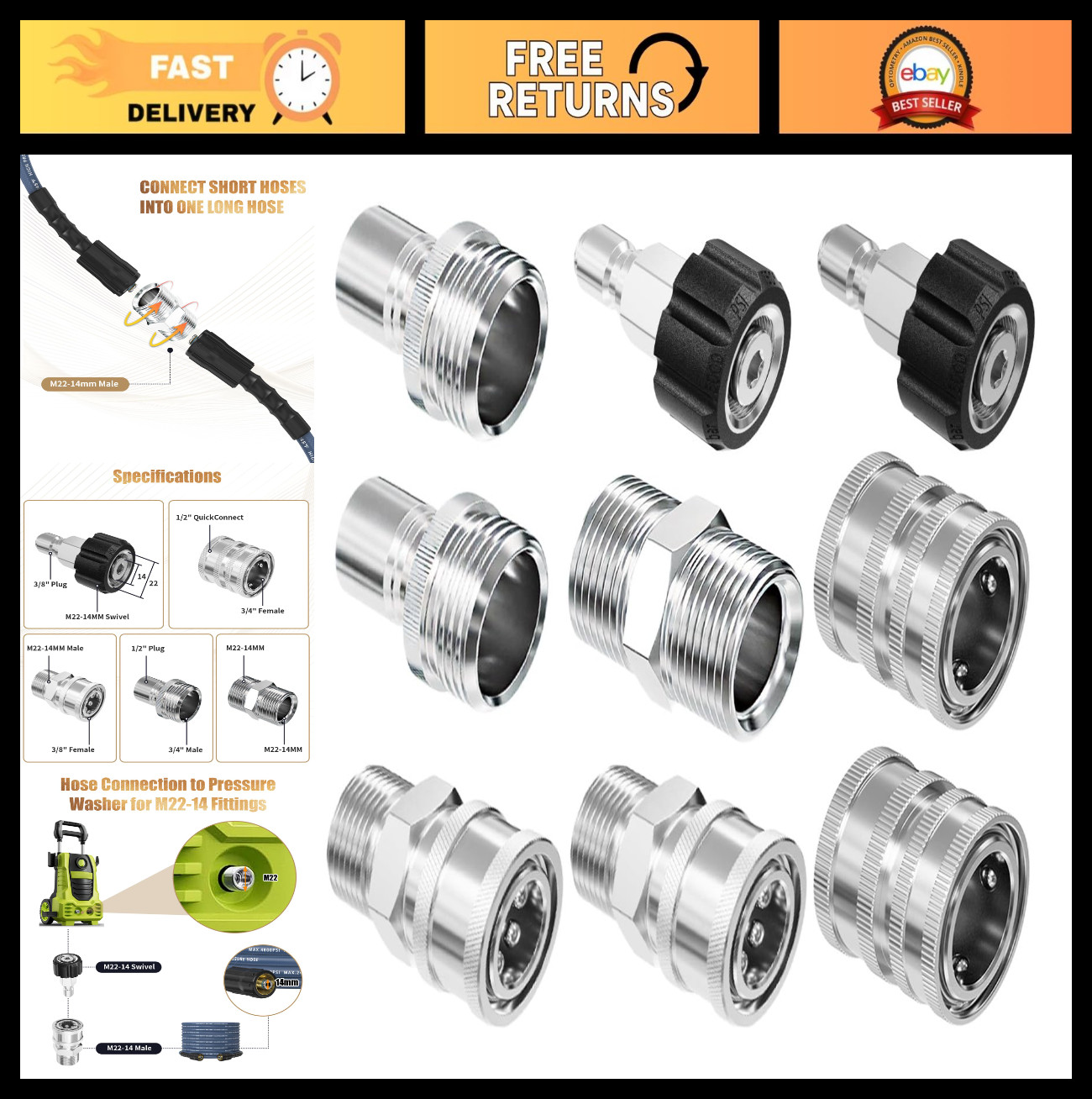 9 PCS Pressure Washer Adapter Set, Quick Disconnect Kit, M22 to 3/8″ & 3/4″ Conn