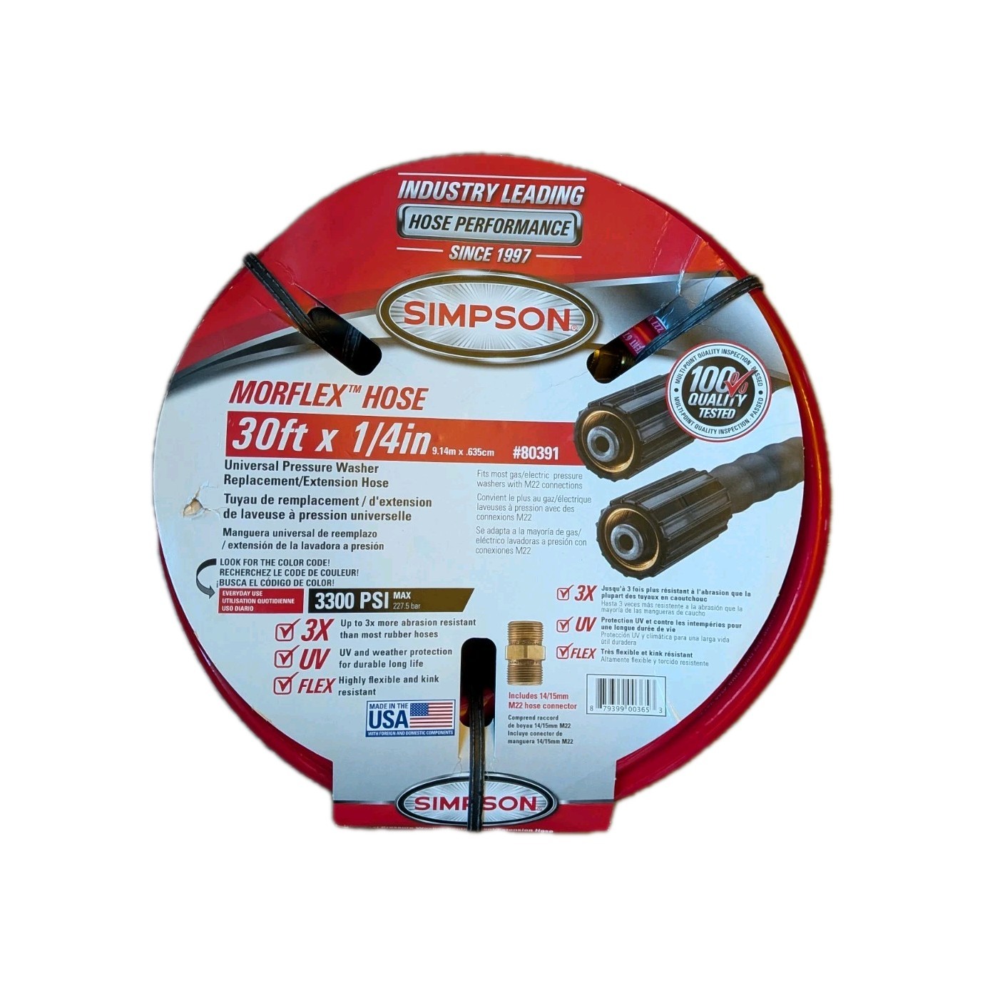 SIMPSON MorFlex Hose For Pressure Washing, 30ft x 1/4in. 3300-PSI Max #80391