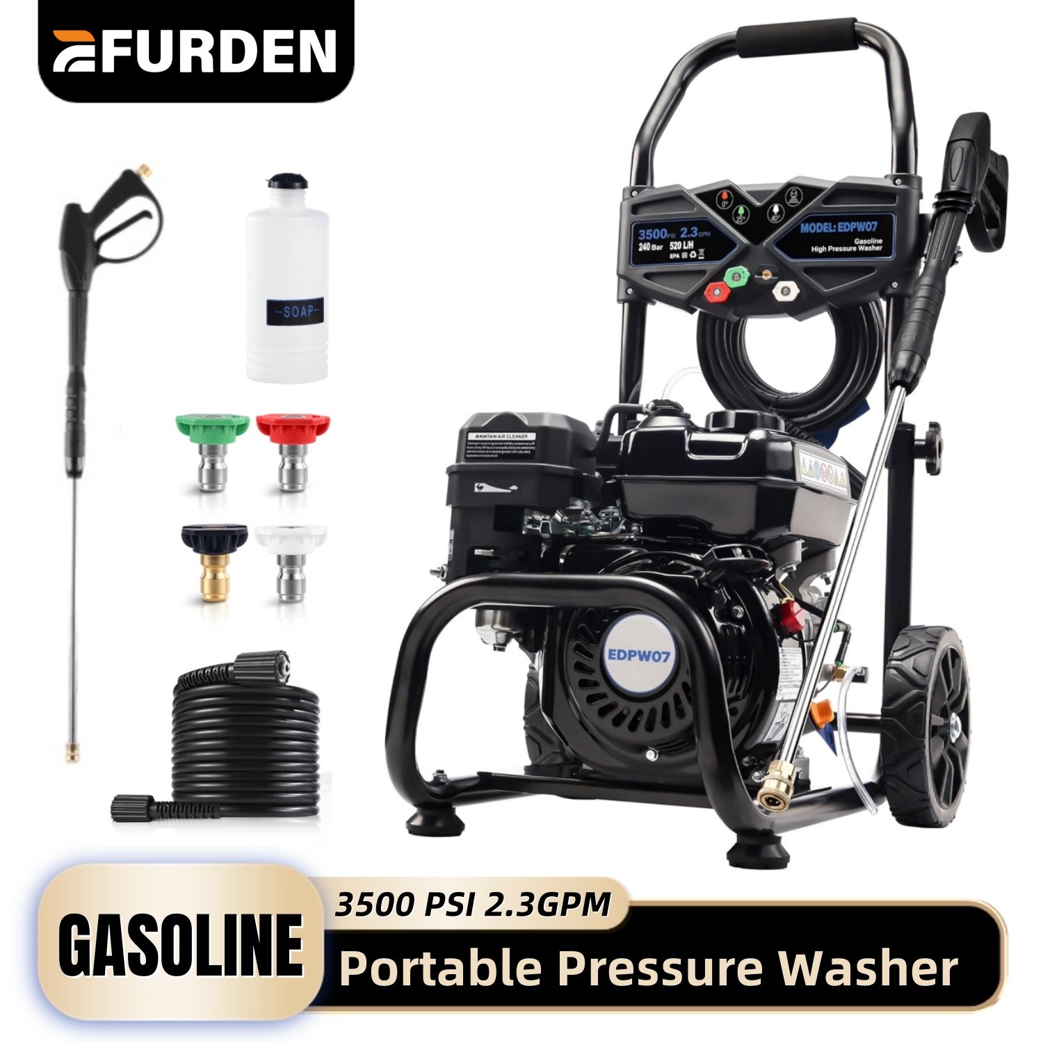 Efurden Gas Pressure Washer 3500 PSI 4 Nozzles Gas Powered Washer 2.3 GPM 209cc