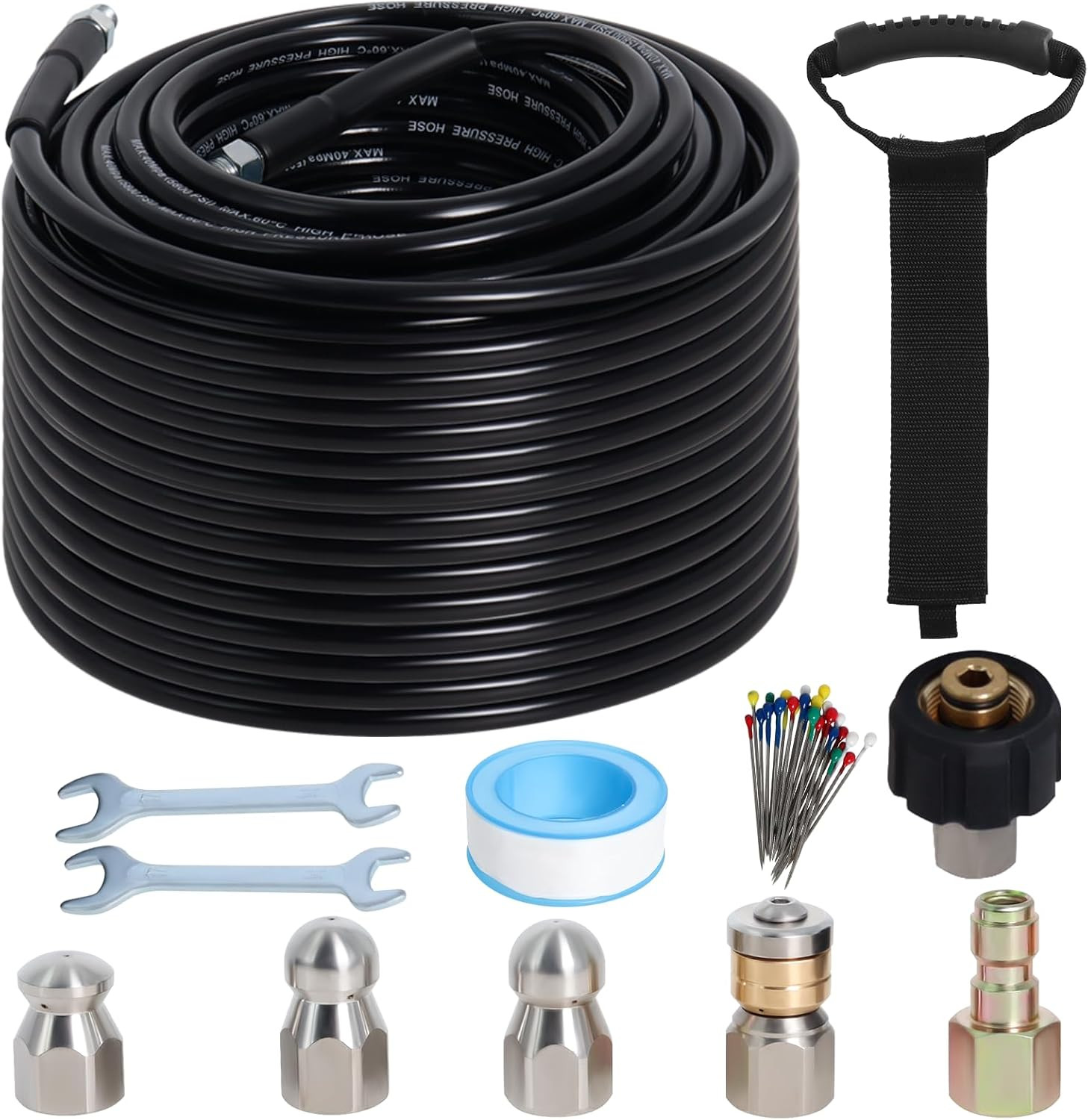 150FT Sewer Jetter Kit for Pressure Washer with 4 Nozzles & Accessories