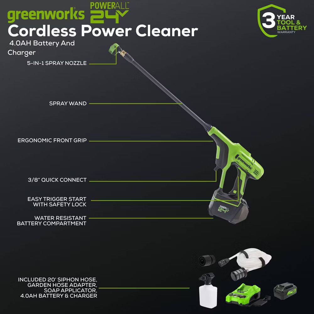 Greenworks 600psi POWERALL Battery Powered Power Cleaner Kit with 4Ah USB