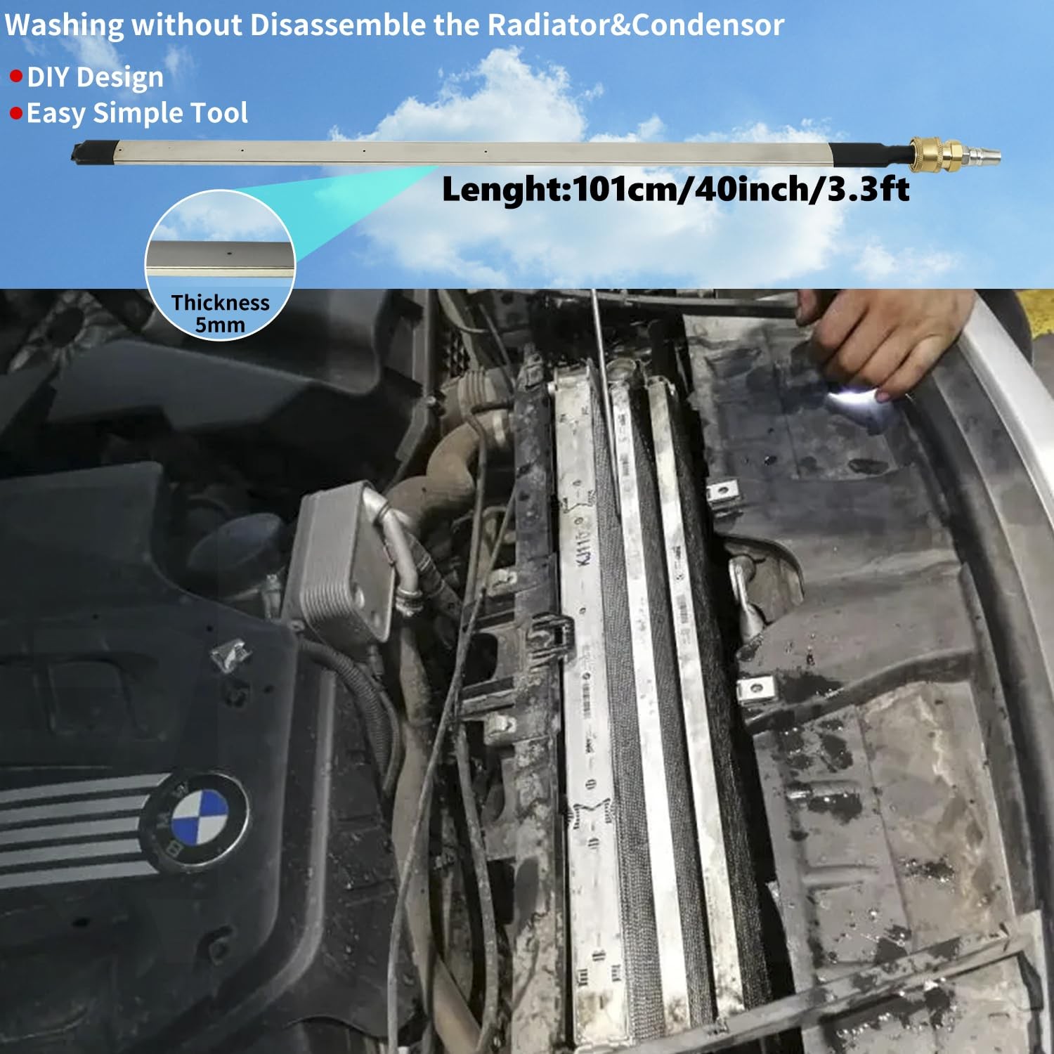 Radiator Cleaning Wand & Car A/C Condenser Cleaner(40″wand+Coupler+Valve Switch)