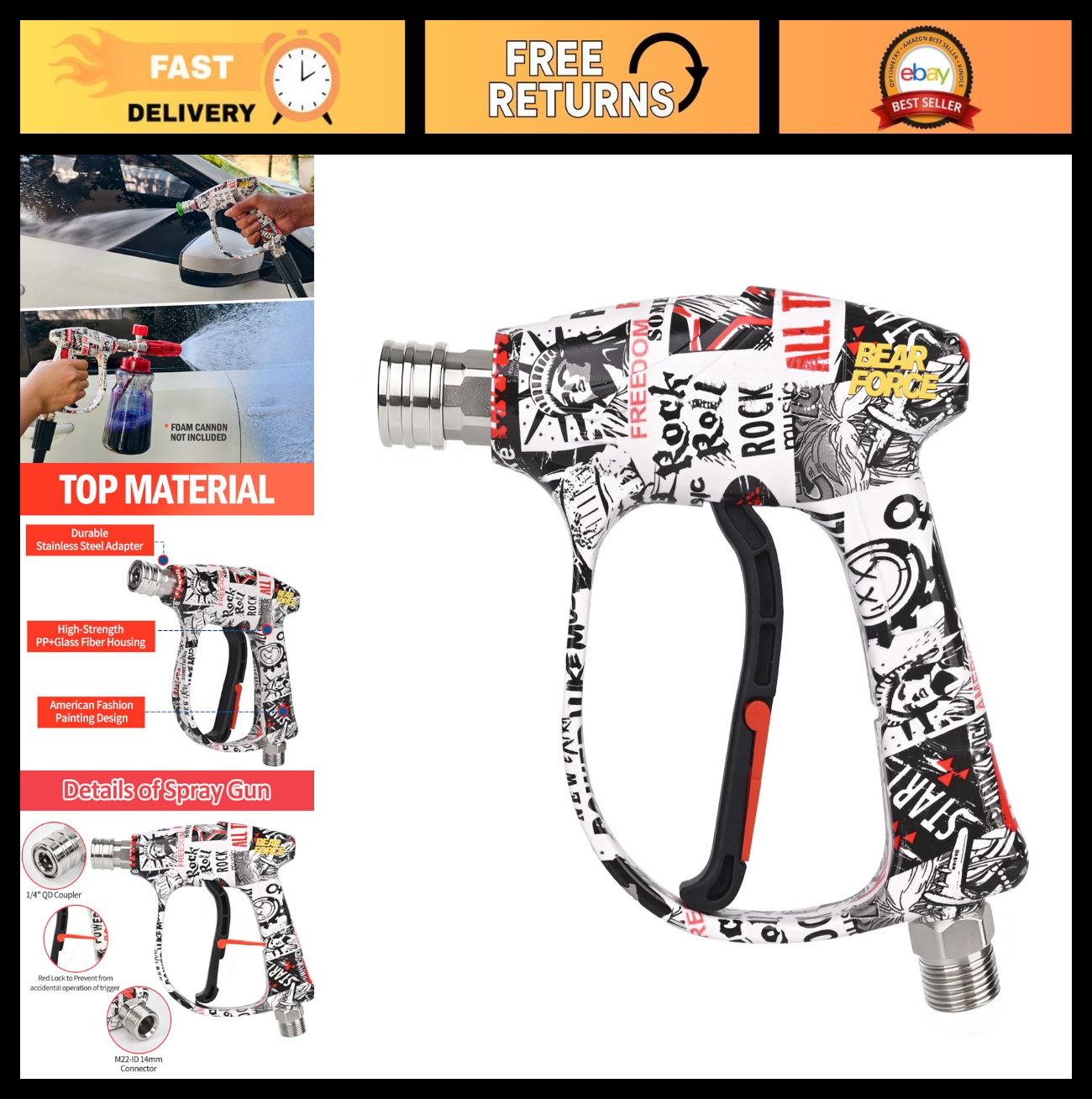 High Pressure Washer Gun 3000 PSI, M22-ID14mm Short Gun, Car Wash & Detailing