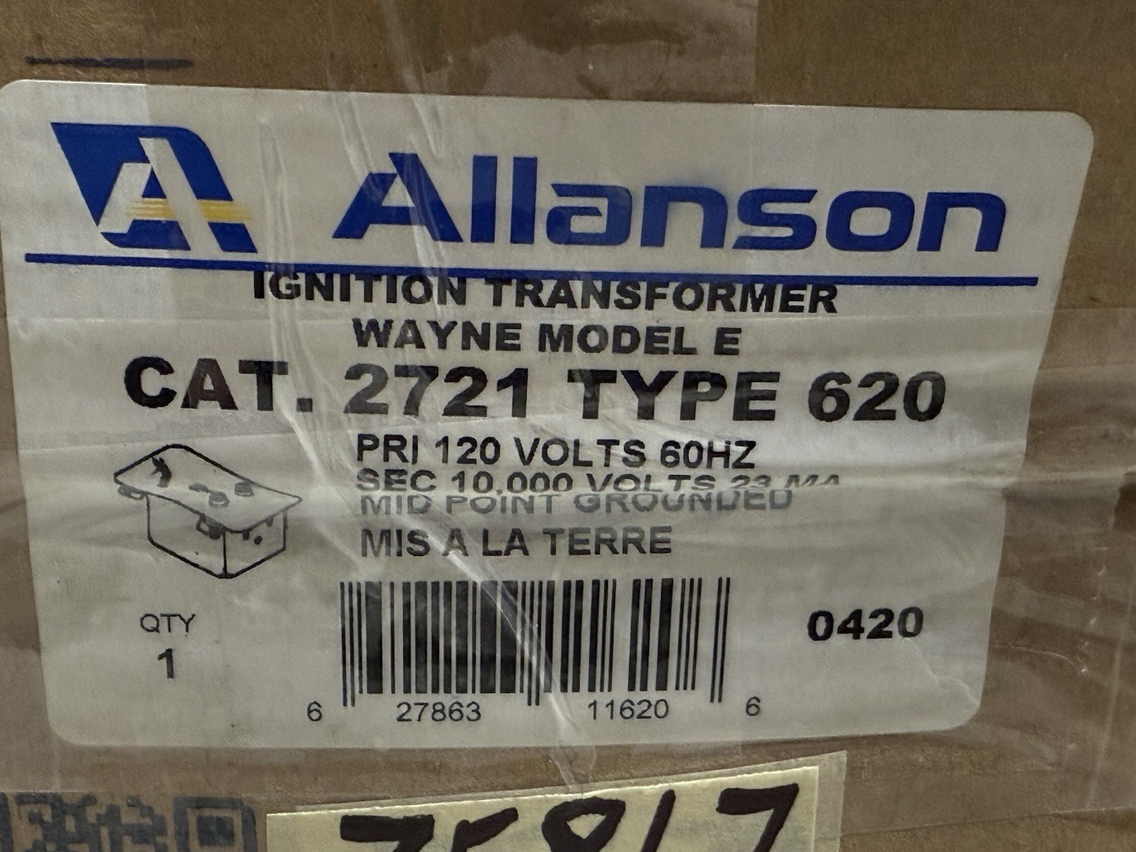 Allanson Burner Transformer 2721 – 620, Wayne Model E, 120V New