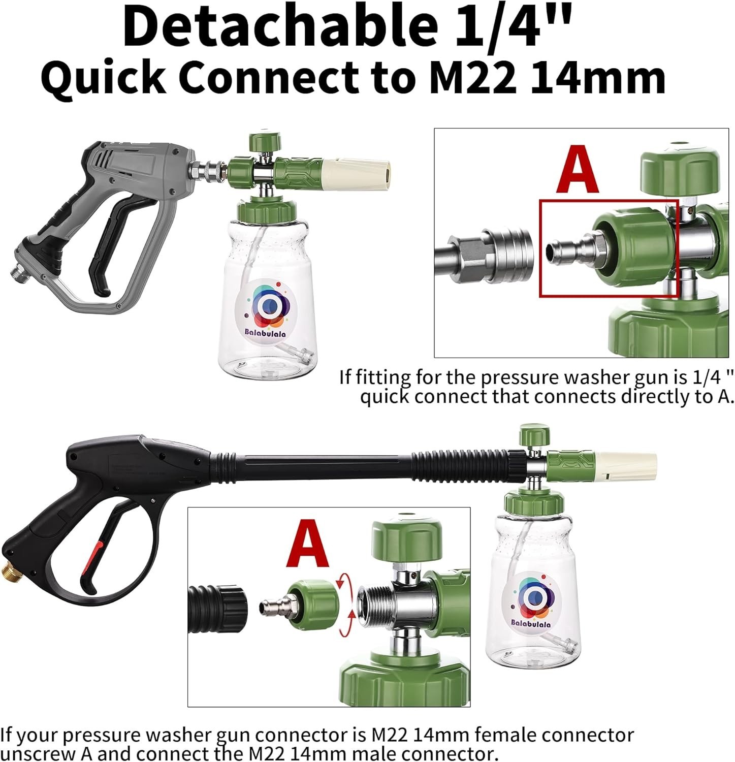 Foam Cannon with Dual Tip Attachment, Adjustable Pressure Washer Foam Blaster
