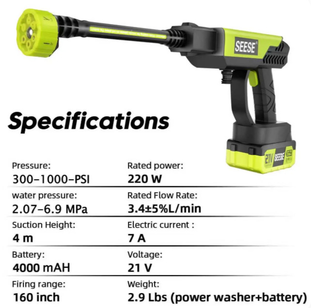 SEESE Cordless Pressure Washer Portable 6-in-1 Nozzle Battery Power Cleaner Box