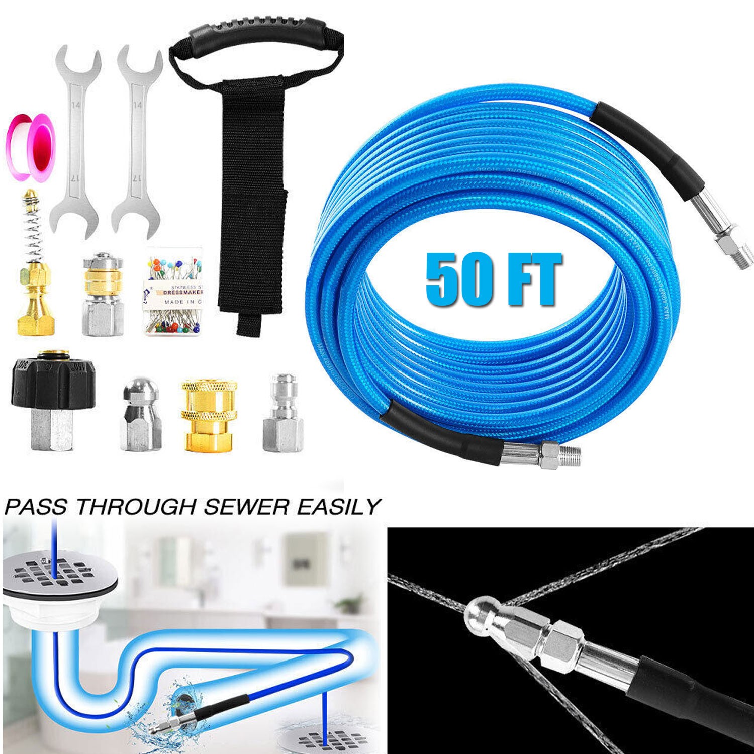 Sewer Jetter Kit for Pressure Washer 50FT Drain Cleaner Hose 5800PSI 1/4″ M-NPT