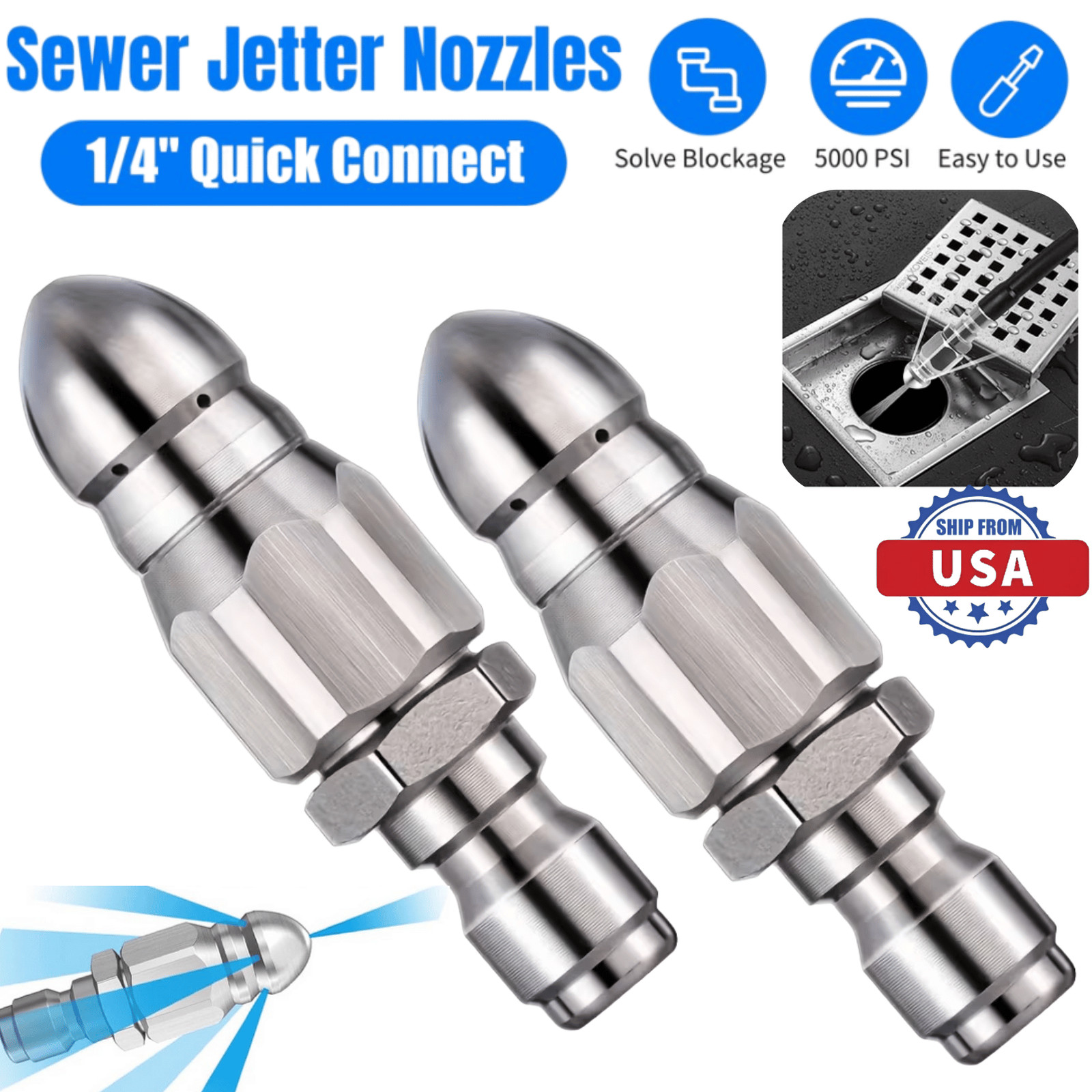 2× 1/4” Male Pressure Washer Drain Sewer Cleaning Pipe Jetter Rotating Nozzle