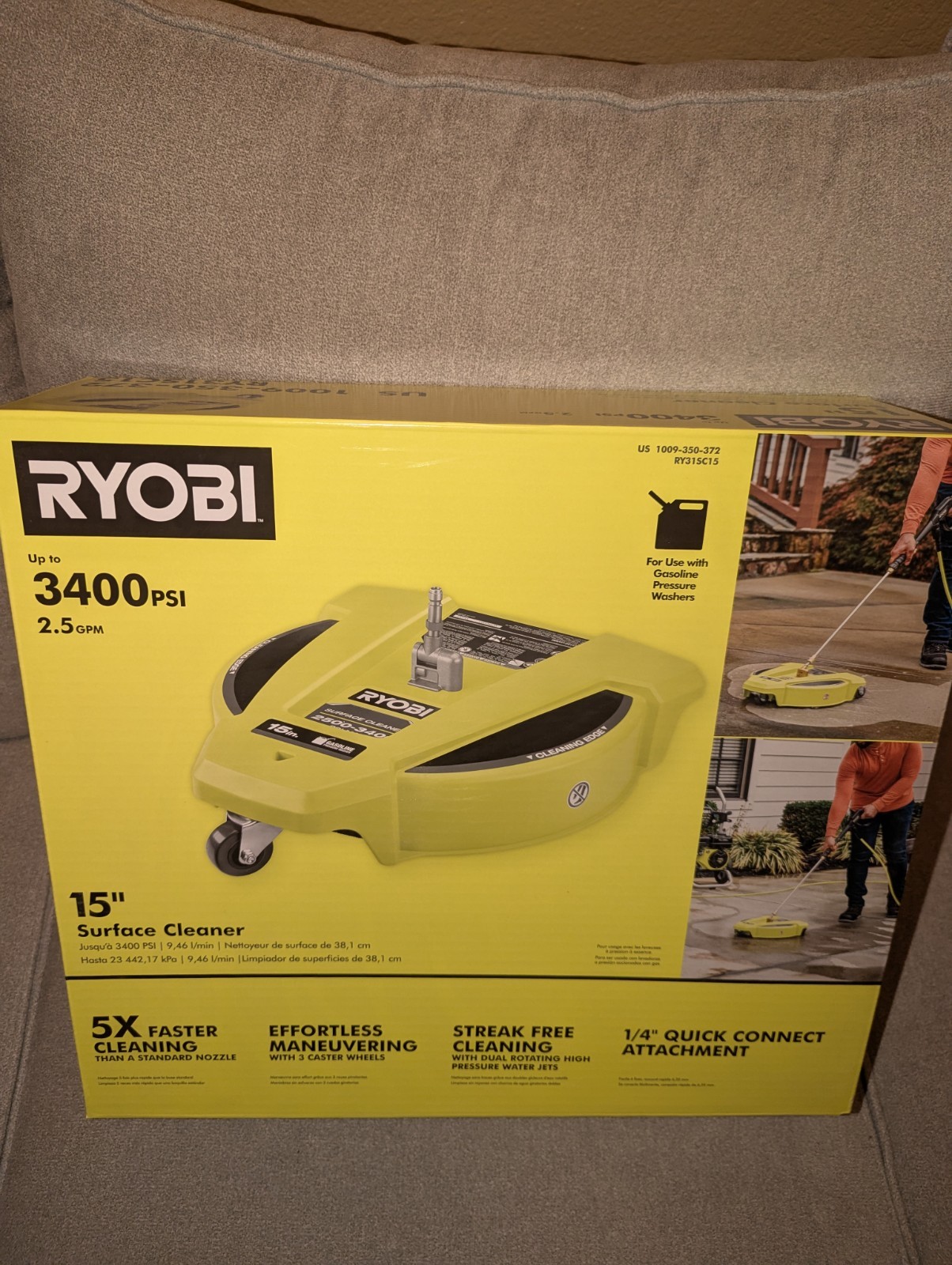 RYOBI 15″ 3400 PSI Gas Pressure Washer Surface Cleaner w/Caster Wheels RY31SC15