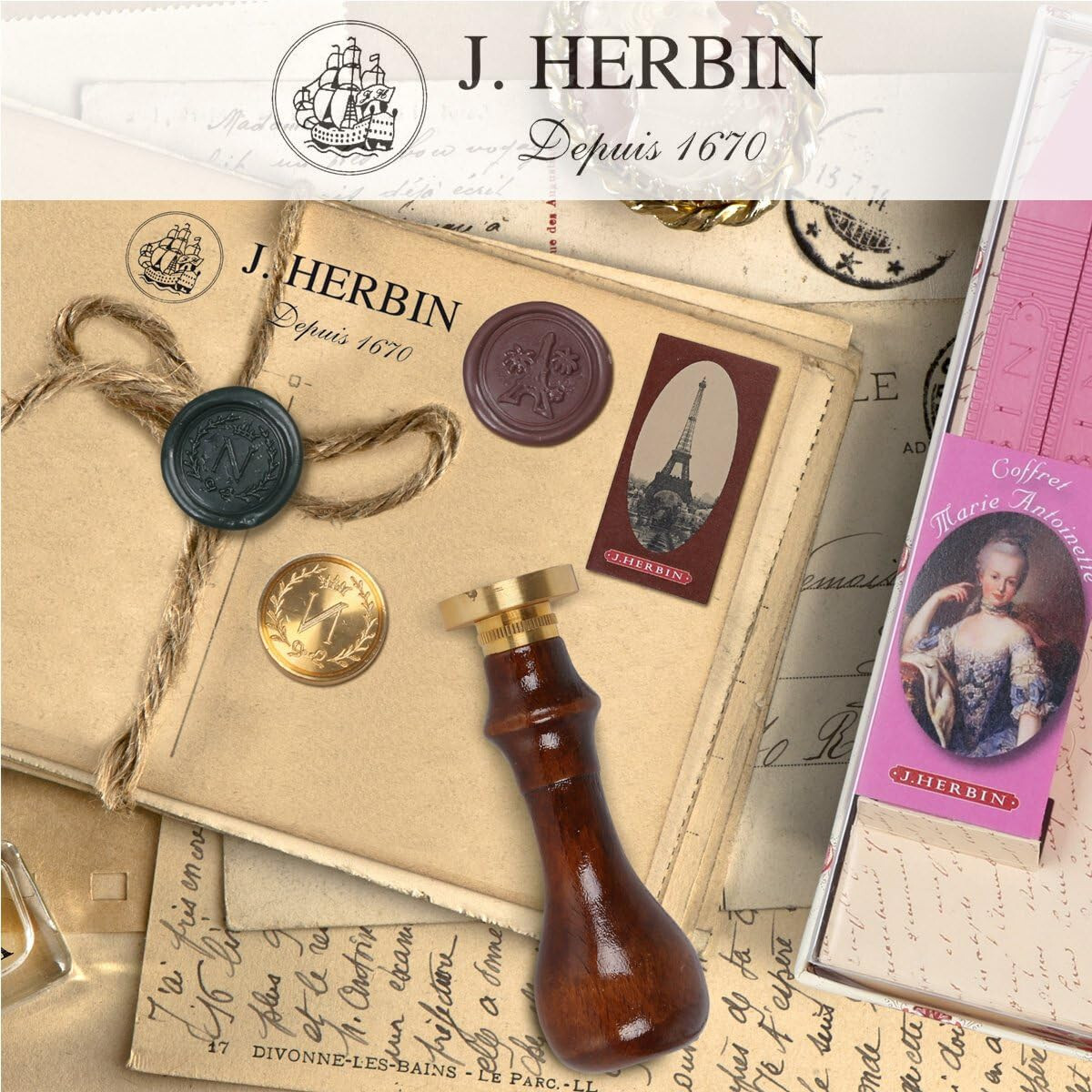 J.Herbin Lily Seal Stamp Set + 2 Traditional Wax (Ref#P-642)