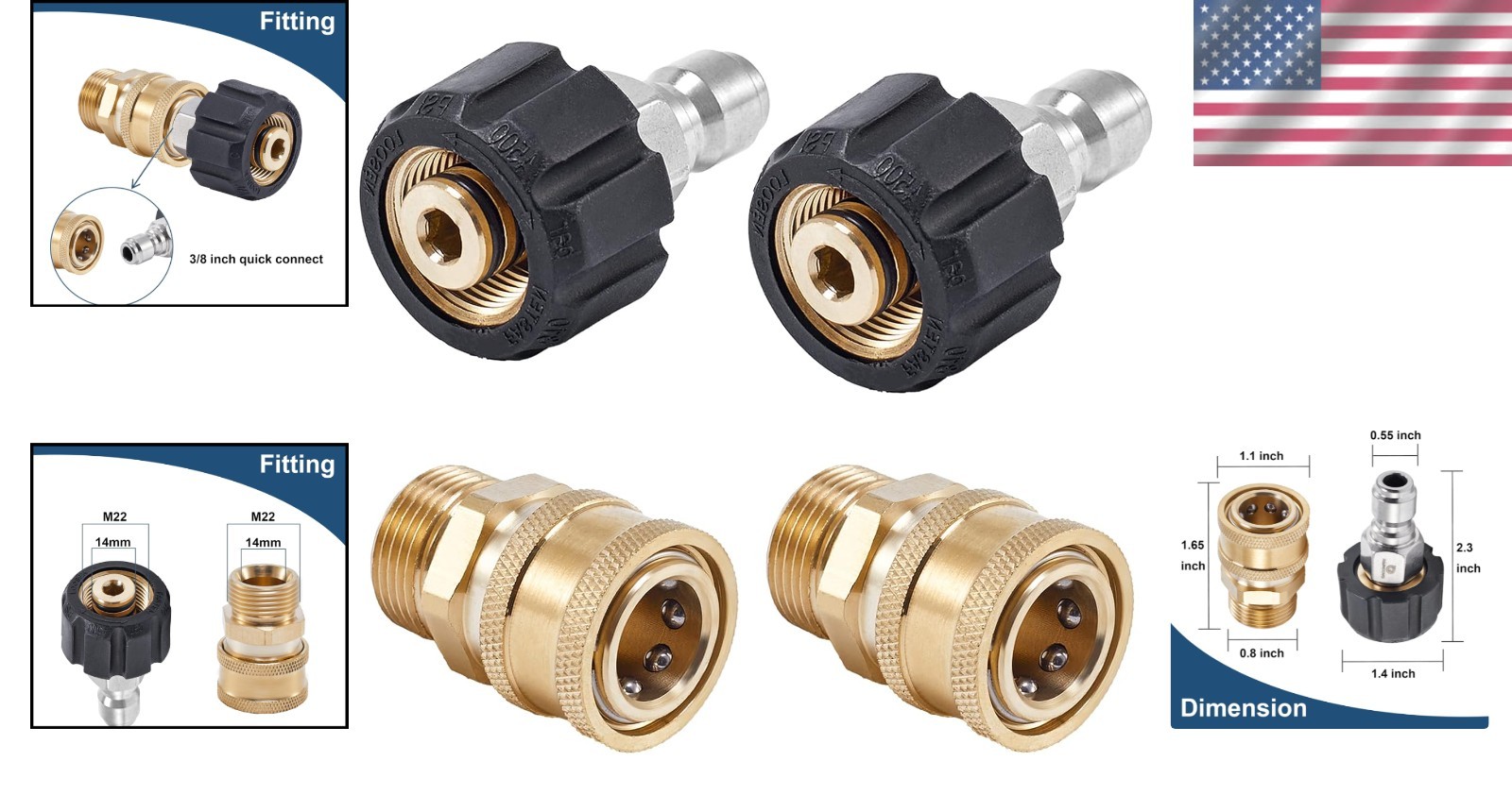 M22 14mm to 3/8 Inch Pressure Washer Quick Connect Fittings – 4 Durable Pieces