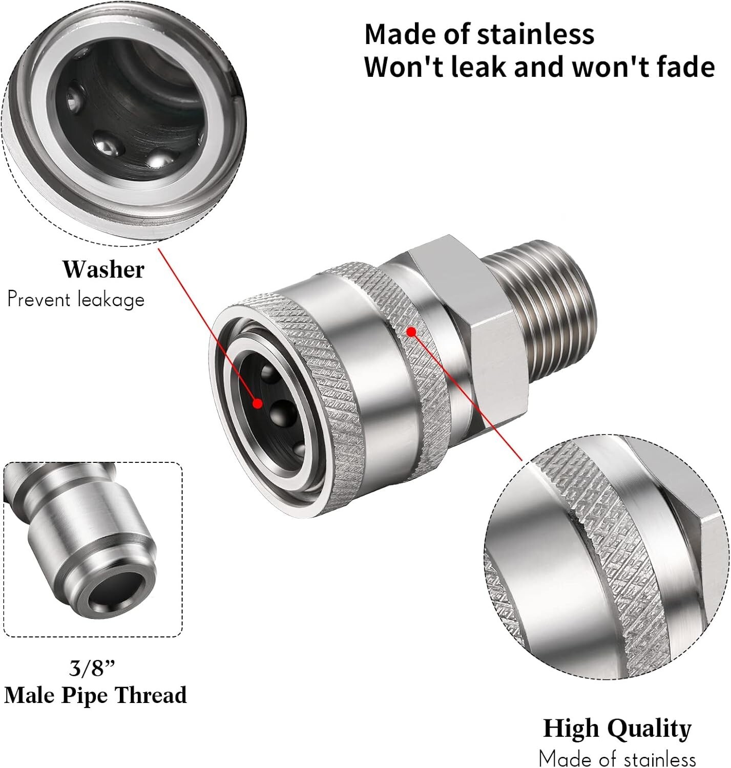4 Sets NPT 3/8 Inch Stainless Steel Pressure Washer Adapters Set