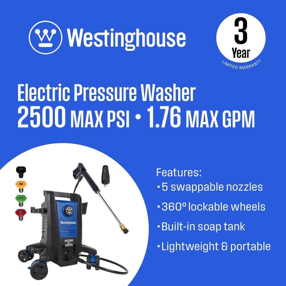 2500 Max PSI 1.76 Max GPM Cold Water Electric Pressure Washer with Anti-Tippi…