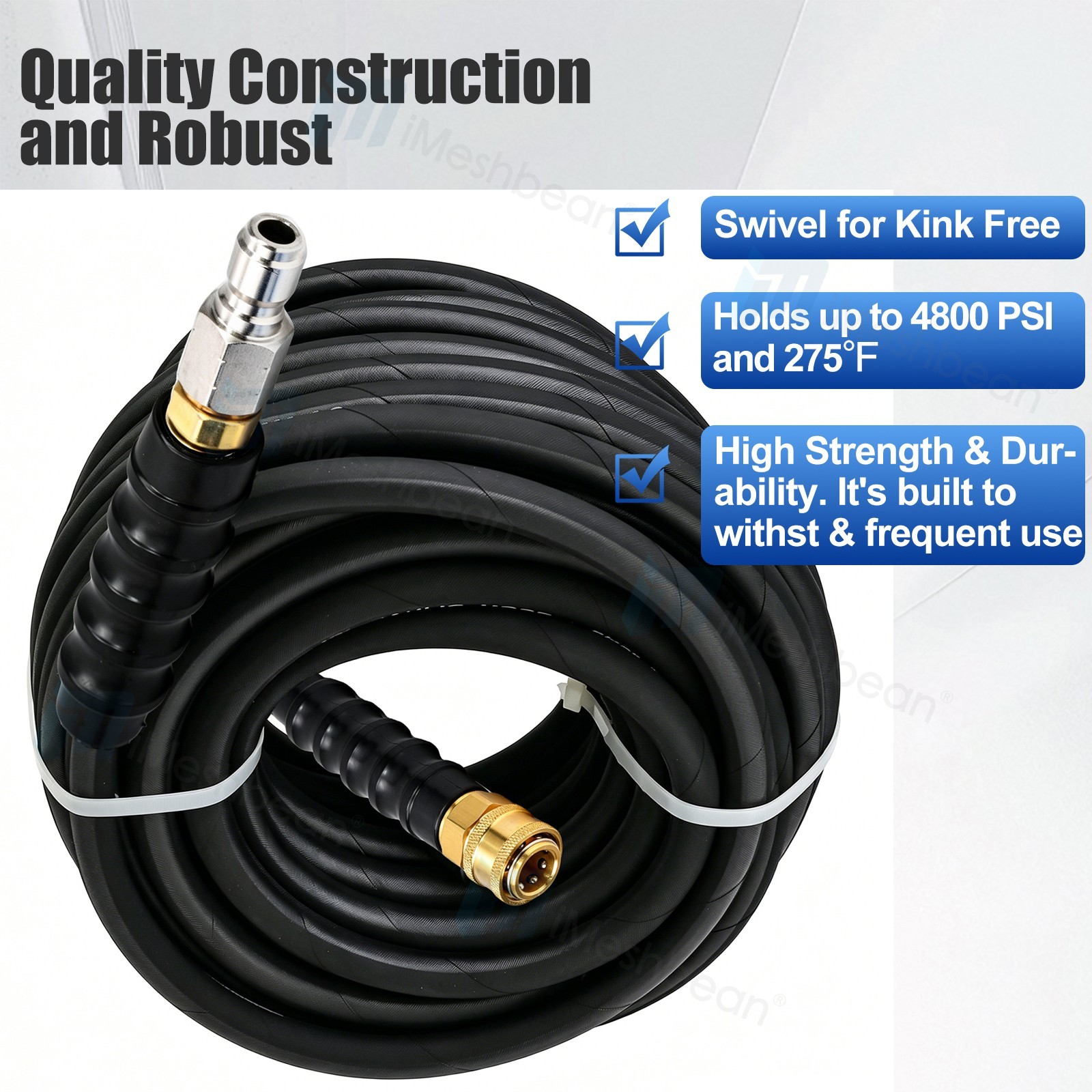 Hot Water Pressure Washer Hose 3/8″ x 100ft 6000 psi Non-Marking 2 Steel Braid