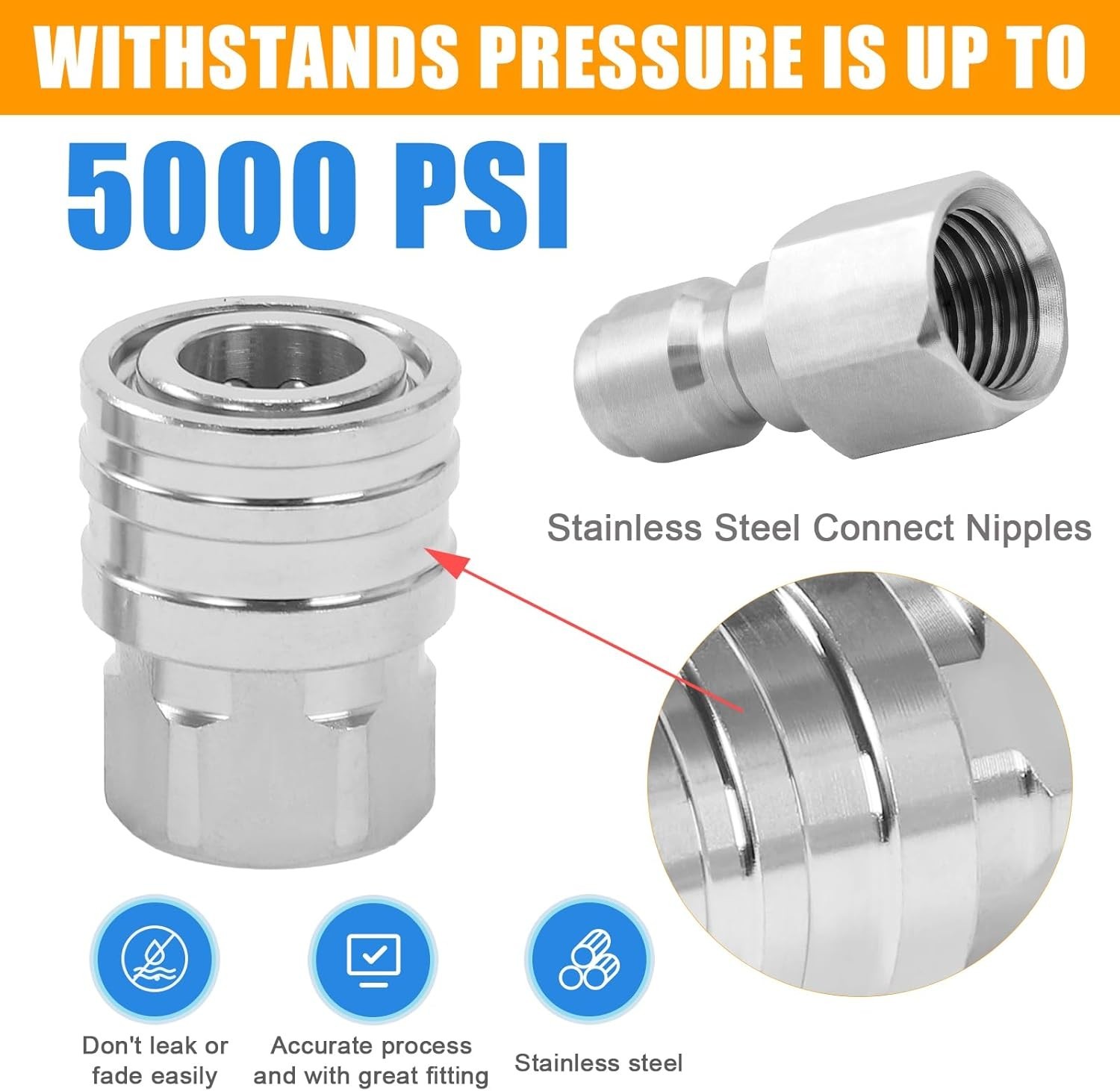 8 Pack 1/4″ Pressure Washer Quick Connect Fittings 5000 PSI Stainless Steel