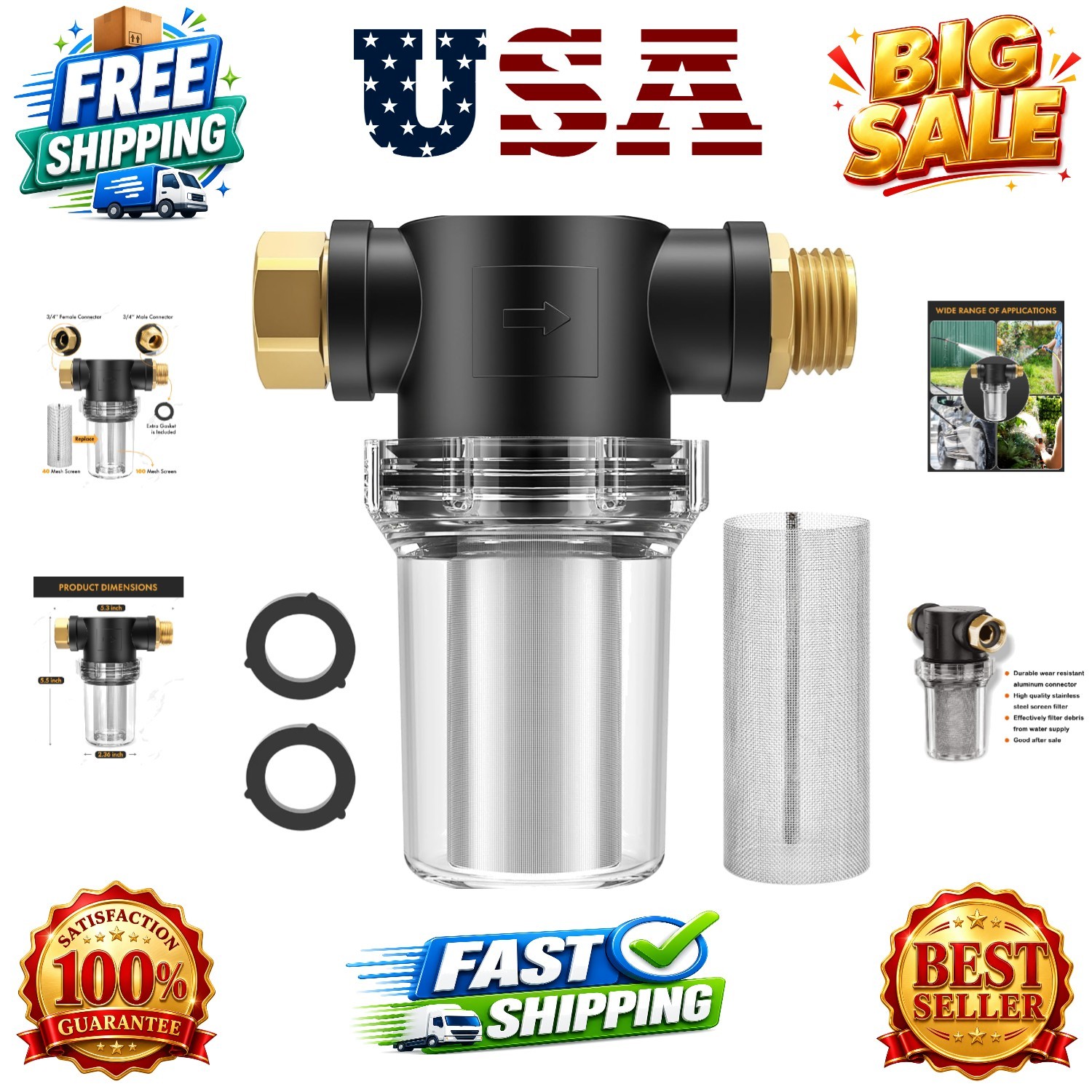 Hose Filter Attachment Line Water Hose Filter with 100 Mesh and 40 Mesh Scree…