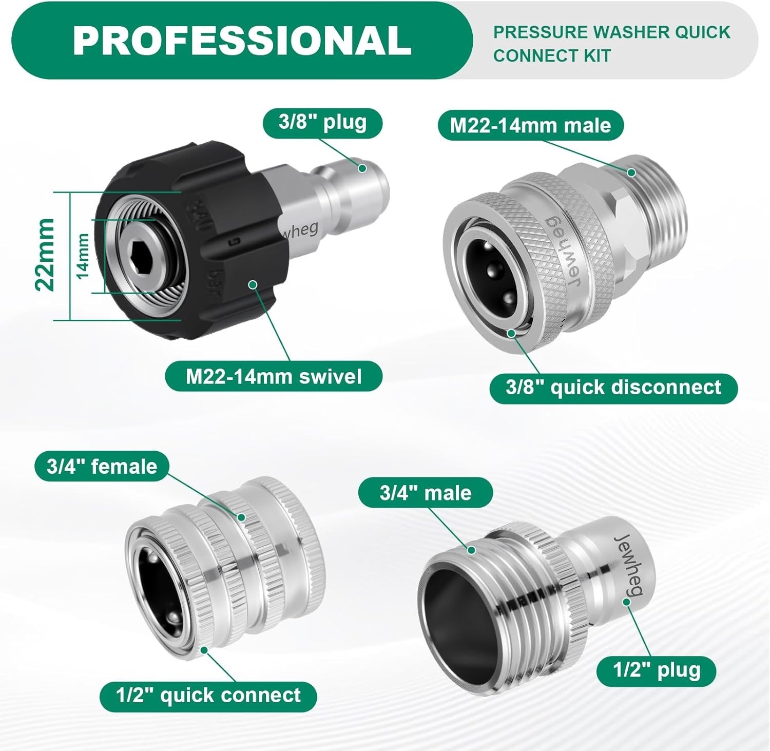Stainless Steel 10-Piece Pressure Washer Quick Connect Set – M22 14mm & 3/8 Inch