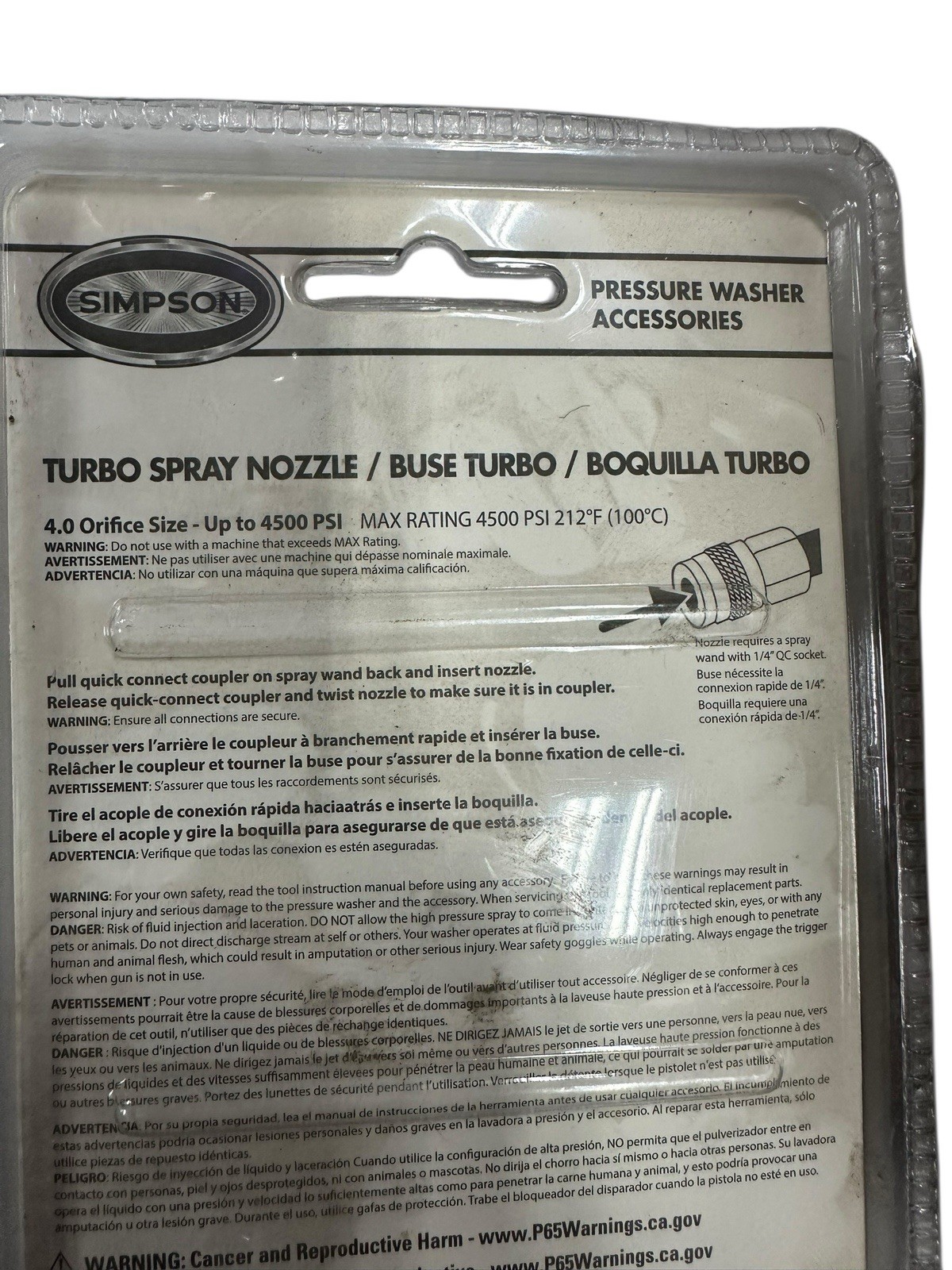 Simpson 80144 Turbo Spray Nozzle, Up to 4500 PSI Quick Connect Oscillating NEW
