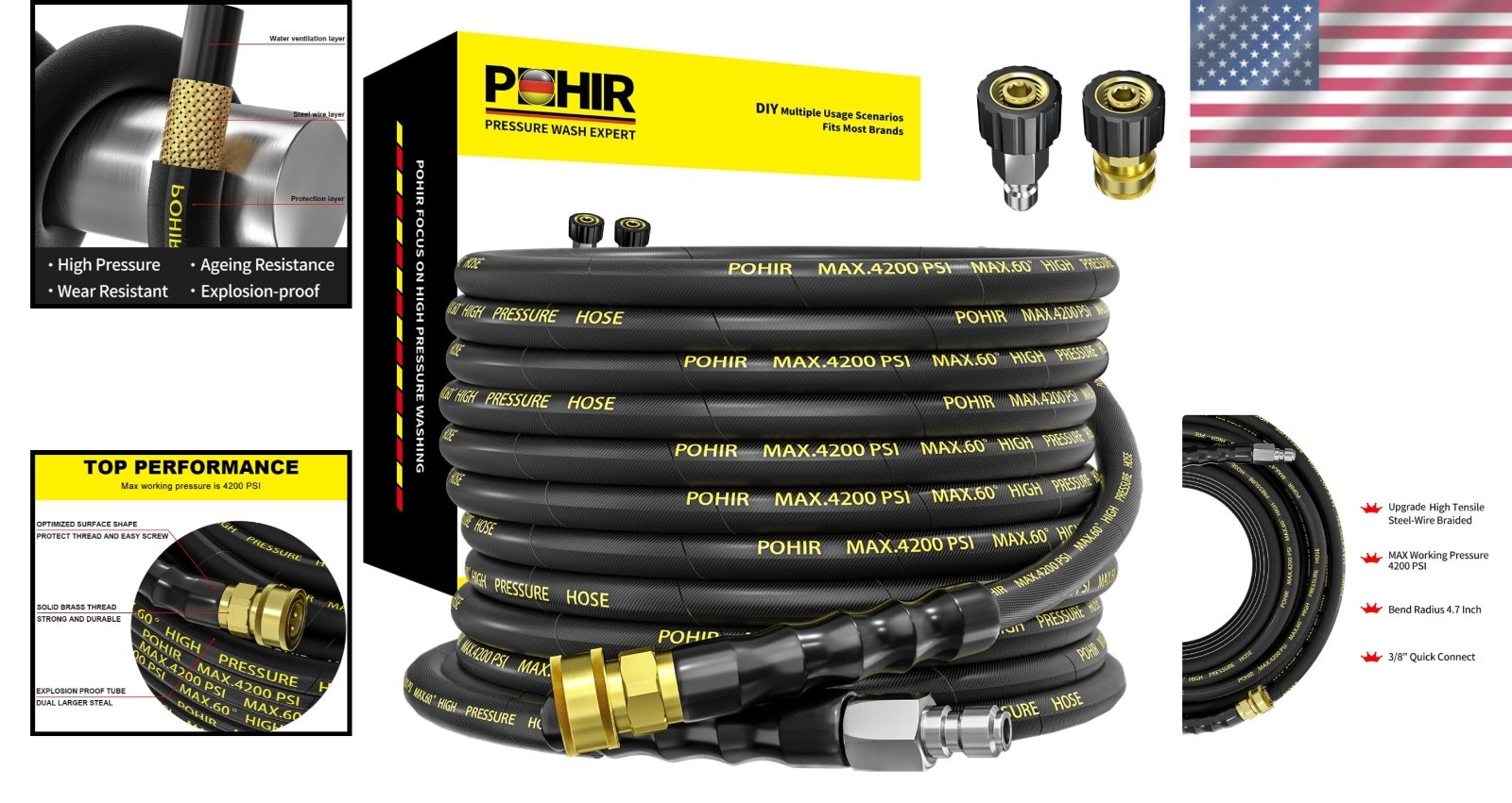 High Pressure Washer Hose 25FT x 1/4 inch – 16000 PSI Burst with Quick Connect