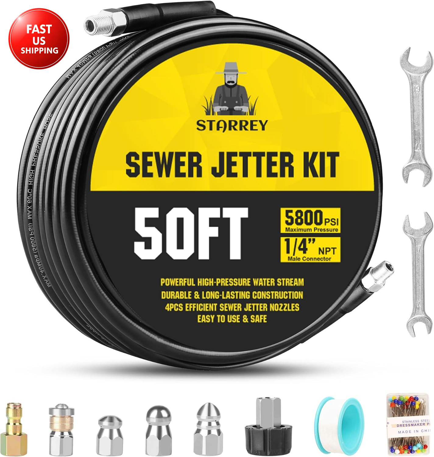 Pressure Washer Drain Jetter – Sewer Jetter Kit for Pressure Washer 50Ft 1/4 Inc