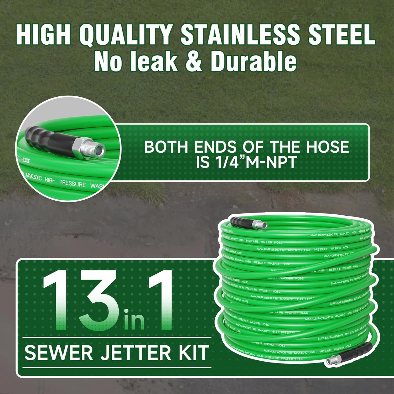 150FT Sewer Jetter Kit for Pressure Washer – 5800PSI Drain Cleaner