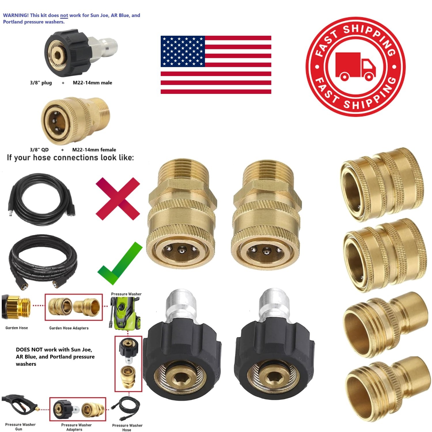 High Pressure Washer Quick Connect Adapter Set M22 14mm Brass Stainless Steel