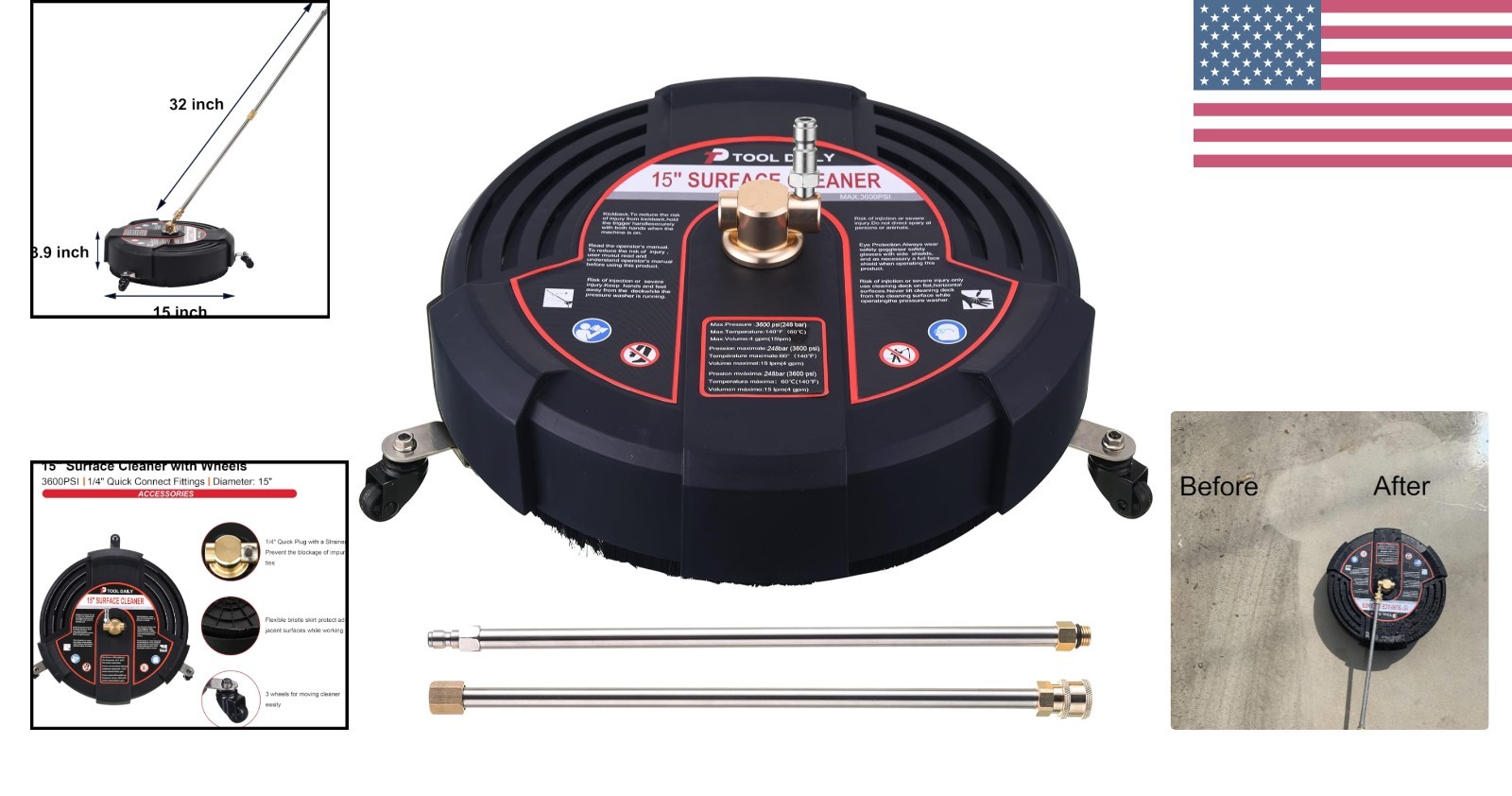 15-Inch Pressure Washer Surface Cleaner with 3 Wheels & 2 Extension Wands