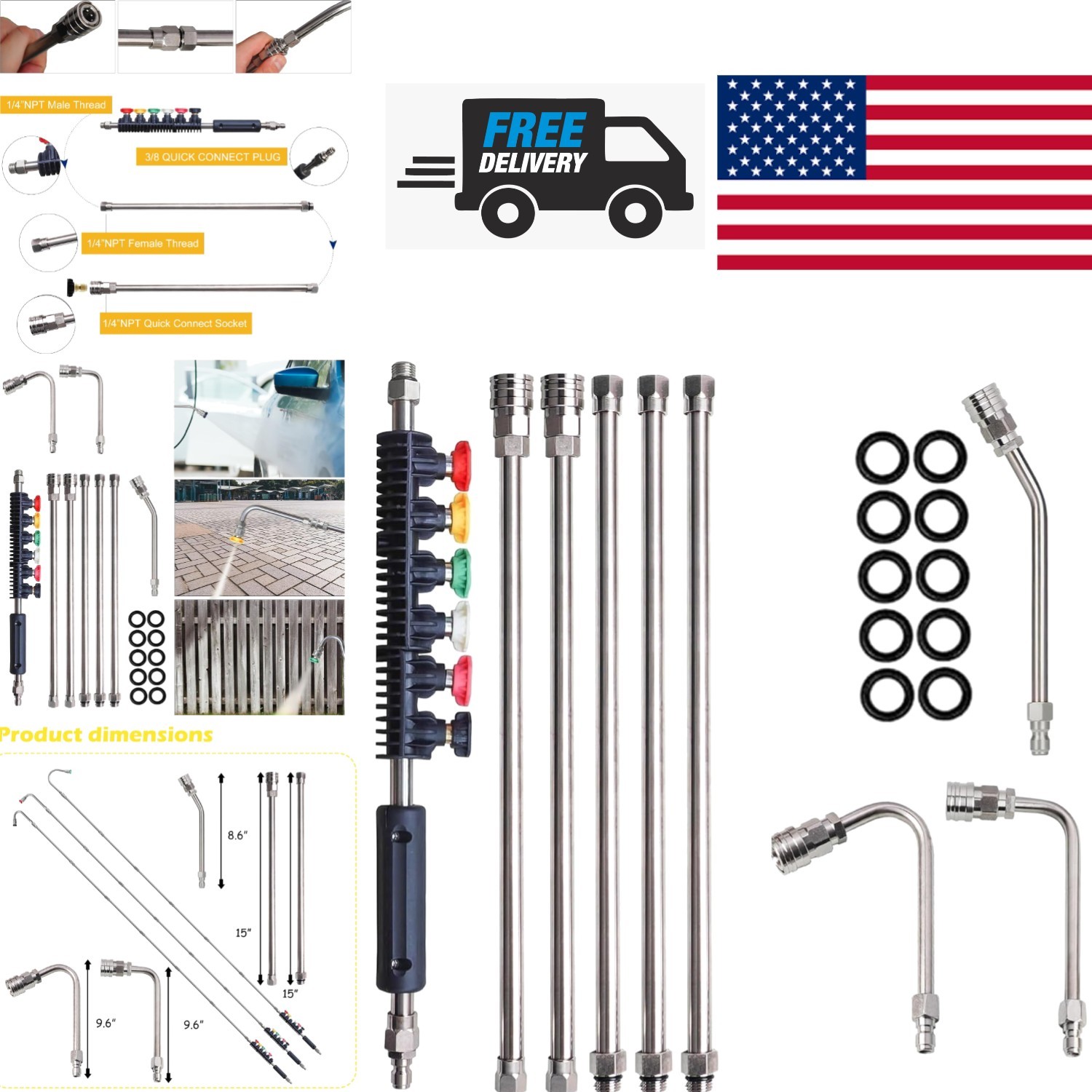 Stainless Steel Pressure Washer Lance 9 Pack with 6 Nozzle Tips and Attachments