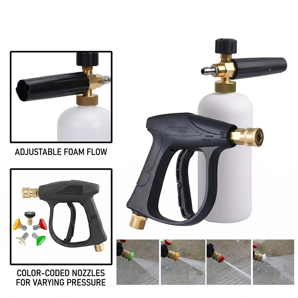 1/4″ Quick Release Snow Foam Lance Cannon Gun with 5 Nozzles Kit 1000ML Bottle