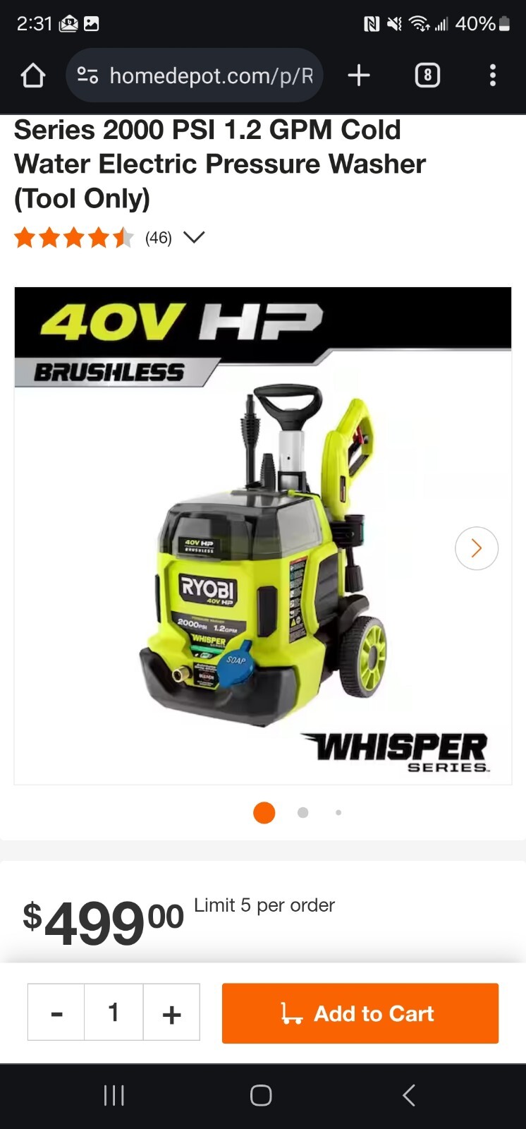 New RYOBI 40V Whisper Series 1500 PSI 1.1 GPM (Tool Only, no battery)