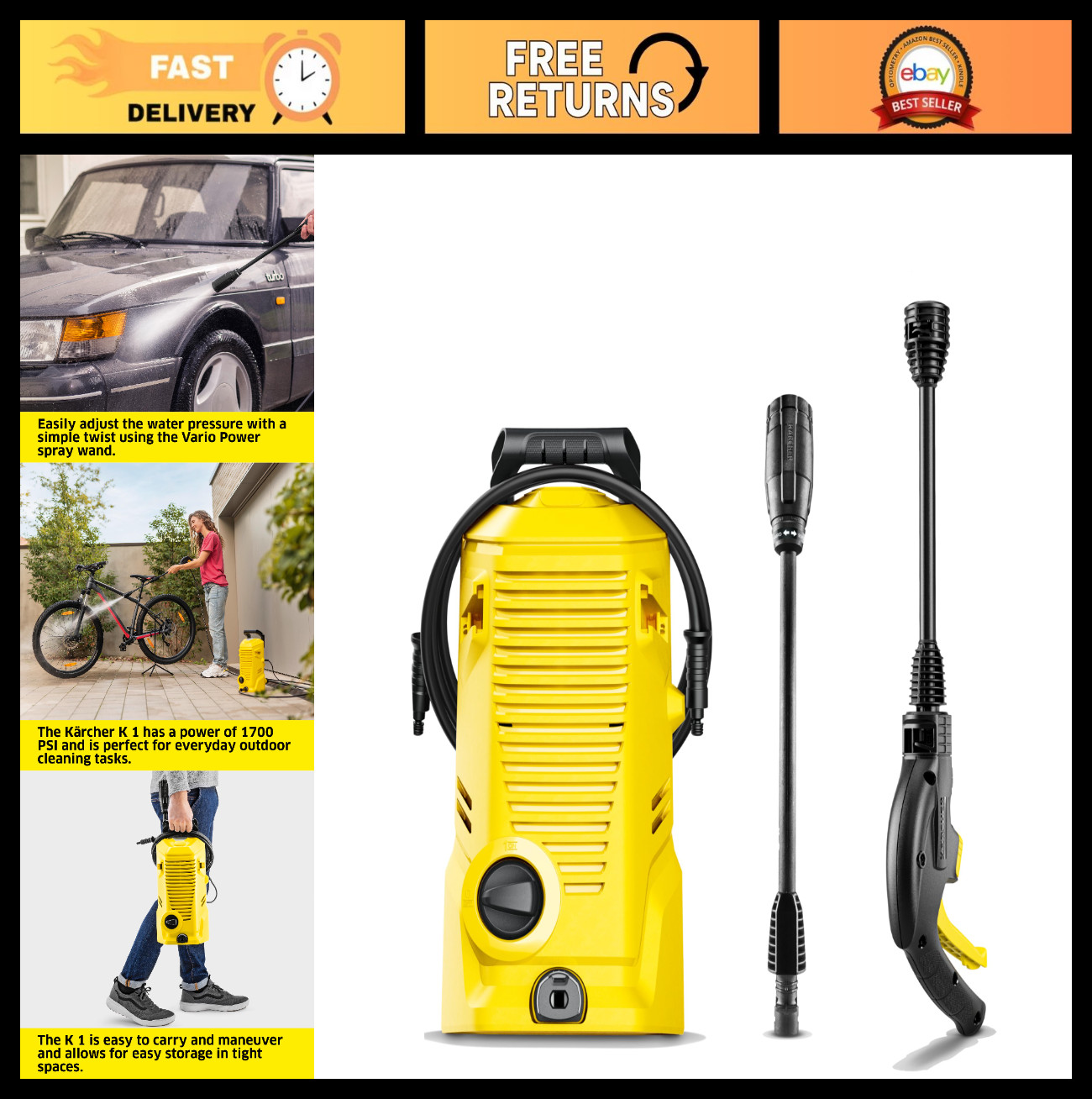 High-Performance Pressure Washer 1700 PSI, 1.45 GPM, Trigger Gun & Vario Wand –