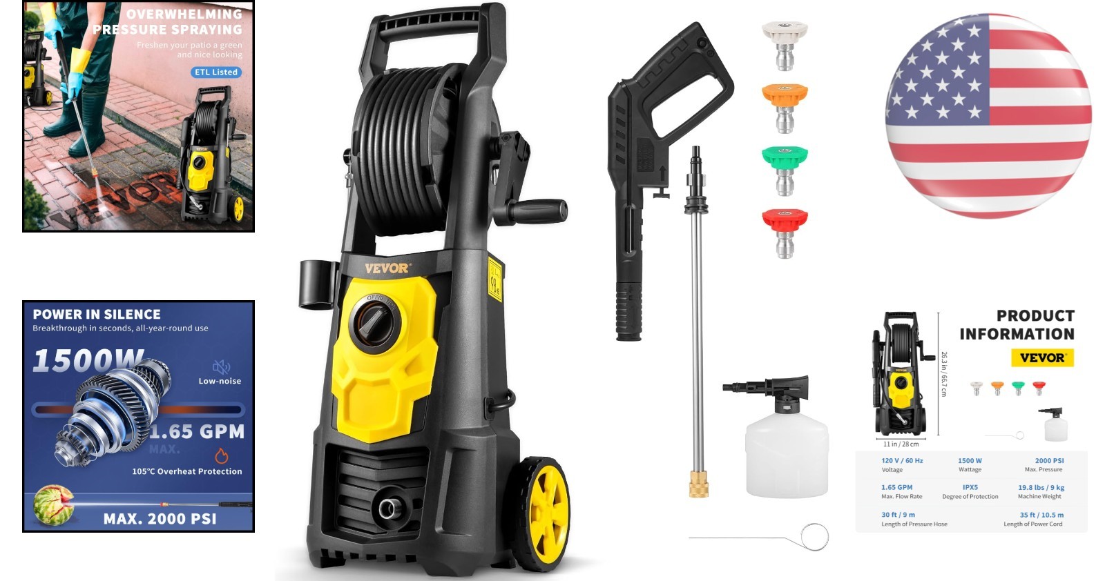 2000 PSI High-Pressure Cleaner with 20ft Hose & 4 Nozzles for Versatile Cleaning