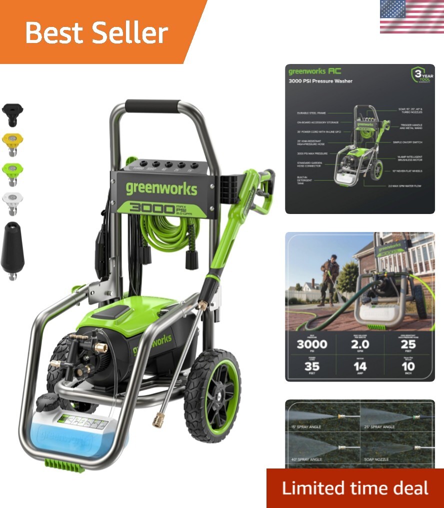 Professional Grade Greenworks Electric Pressure Washer – 25ft Hose & Accessories