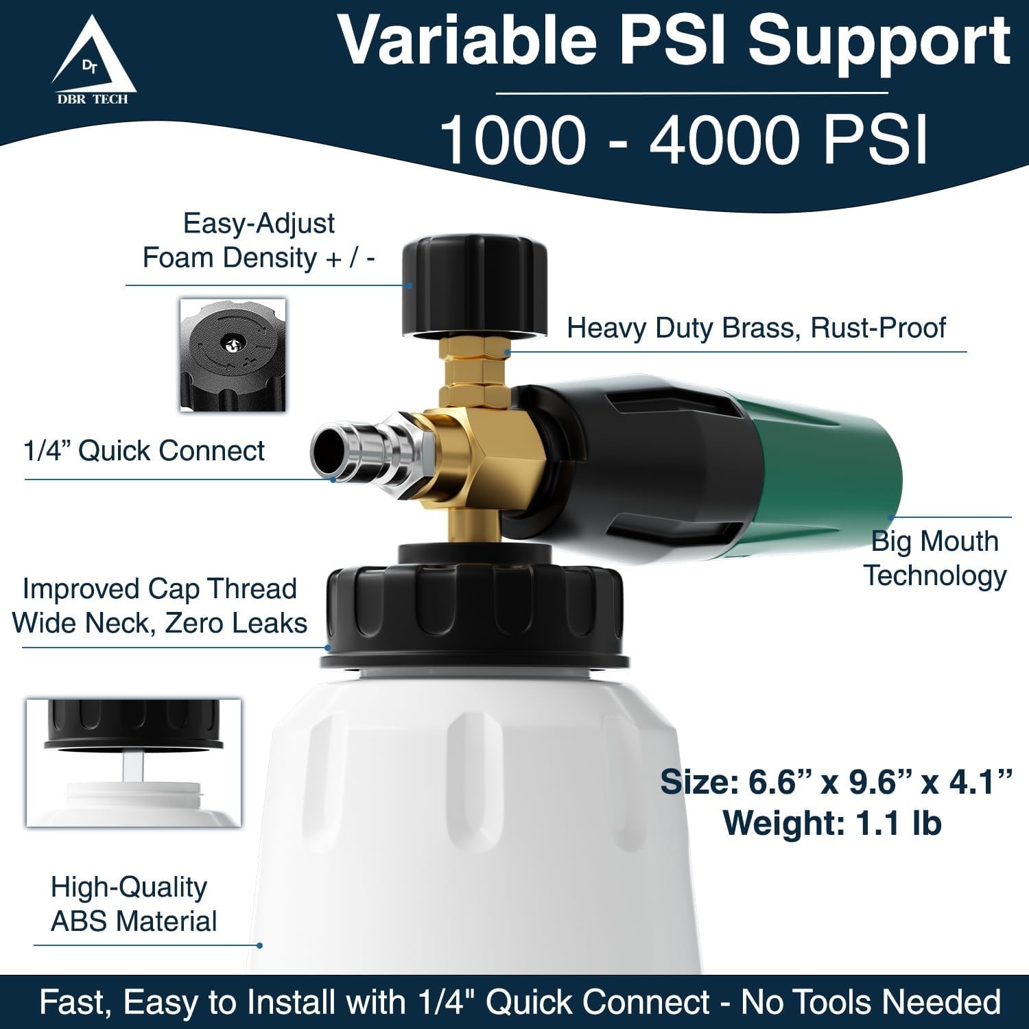 Pro Grade Foam Cannon for Pressure Washer 1L 1.1mm Orifice 4000 PSI Green