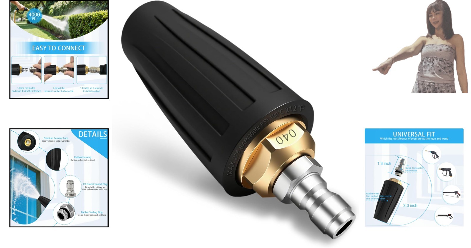 Efficient Turbo Pressure Washer Nozzle – 360° Rotating, 4.0 GPM, 1/4″ Connect