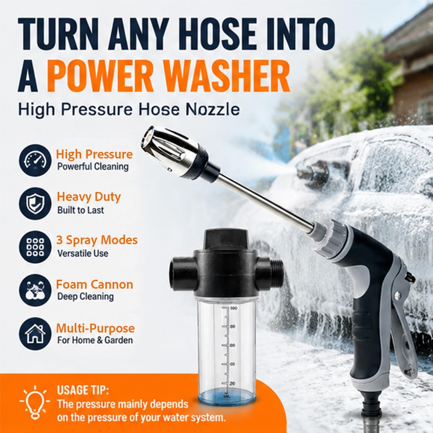 Hose Hawk Pressure Washer – High Pressure Jet Hose Nozzle with 3 Spray Modes