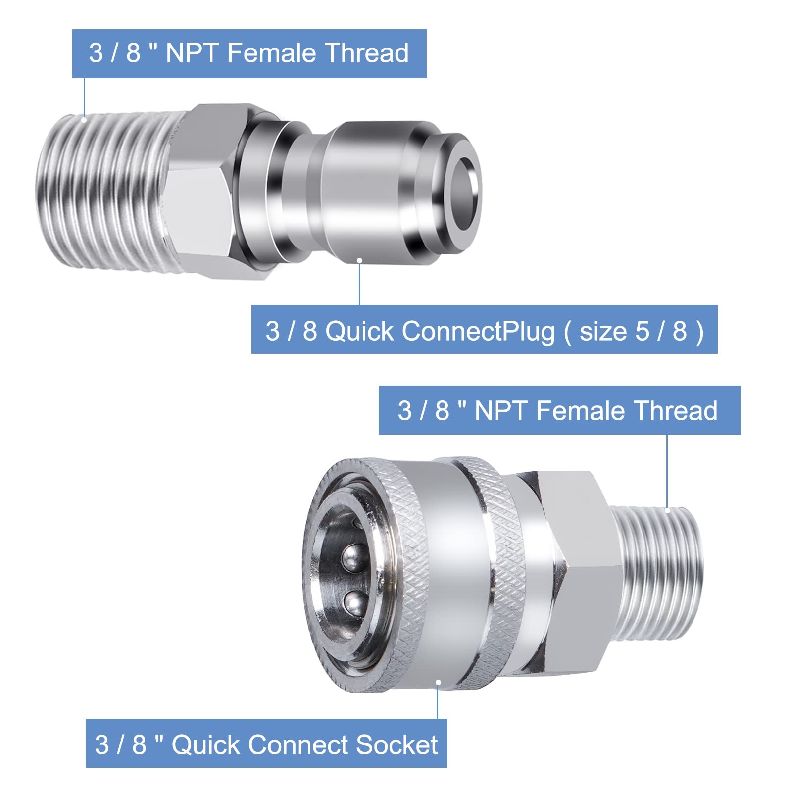 Stainless Steel Male Quick Connector Kit 2 Sets NPT 3/8 Inch Pressure Washer