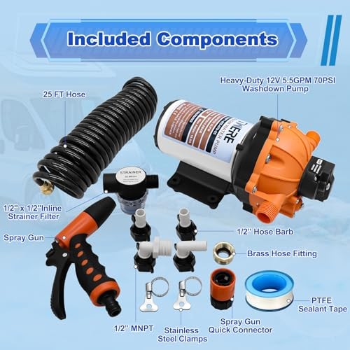 Upgraded 5.5 GPM 70 PSI Washdown Deck Wash Pump 12V RV Fresh Washdown Pump Kit