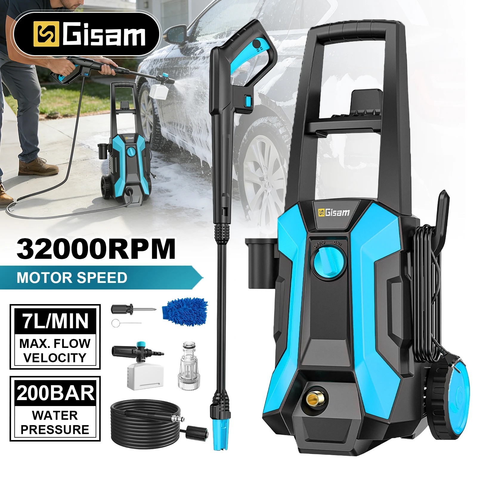 Gisam 2200W 200Bar Electric High Pressure Washer Car Washer Gun Garden Washing