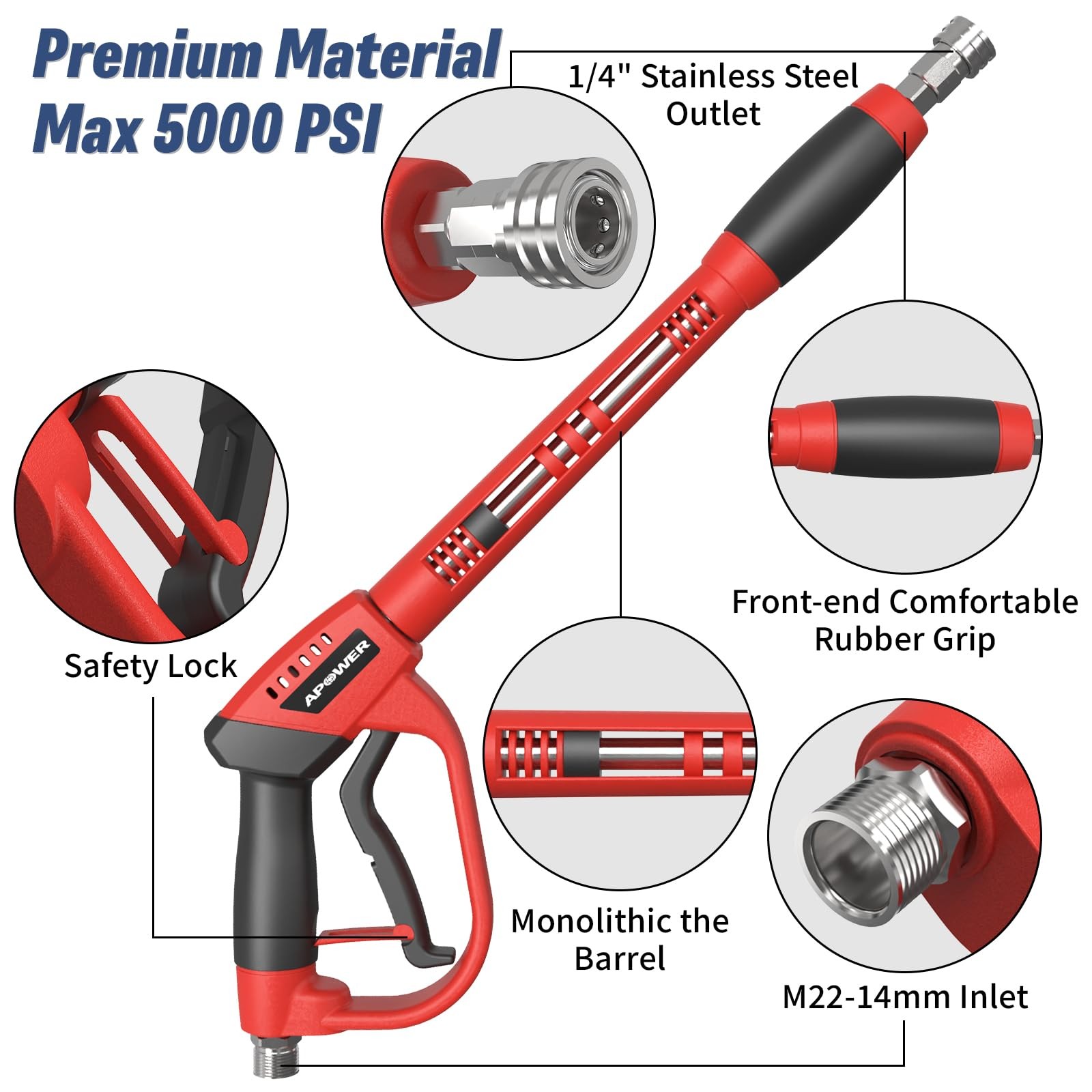 Pressure Washer Gun Long Gun Extension Wand 5 Nozzle Tips M22 40 Inch 5000