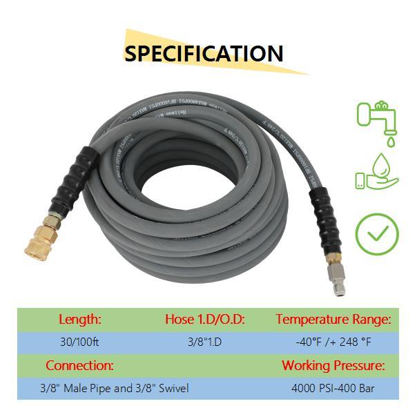 100ft Pressure Washer Hose 4000 PSI Non-Marking Gray With Couplers 275F 3/8″