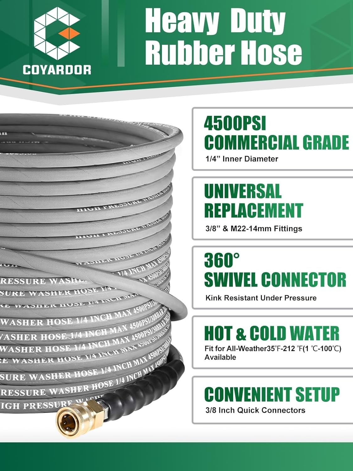 COYARDOR 1/4″ Pressure Washer Hose 4500 PSI for Hot/Cold Water Power Washer