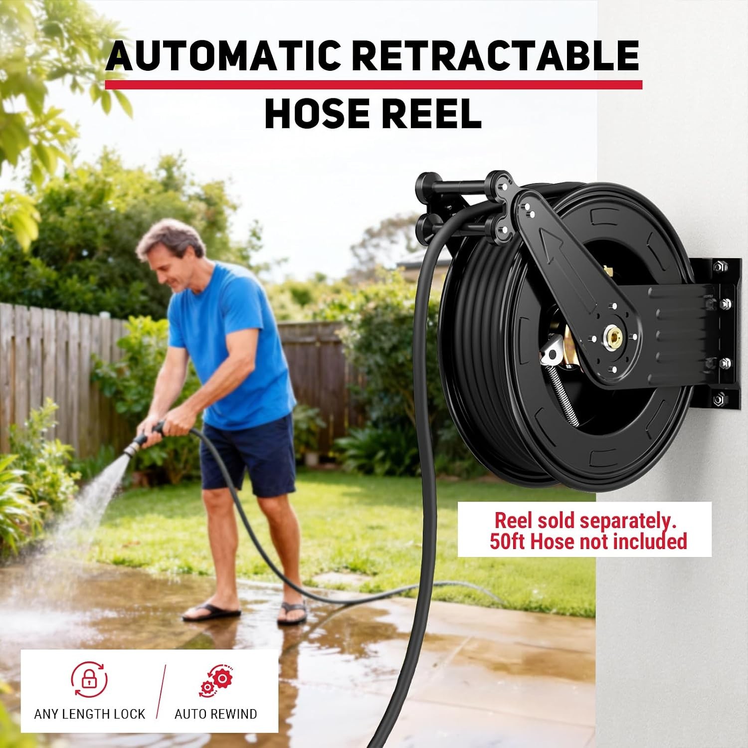 Retractable Pressure Washer Hose Reel 3/8×50 Ft 4000 PSI Steel